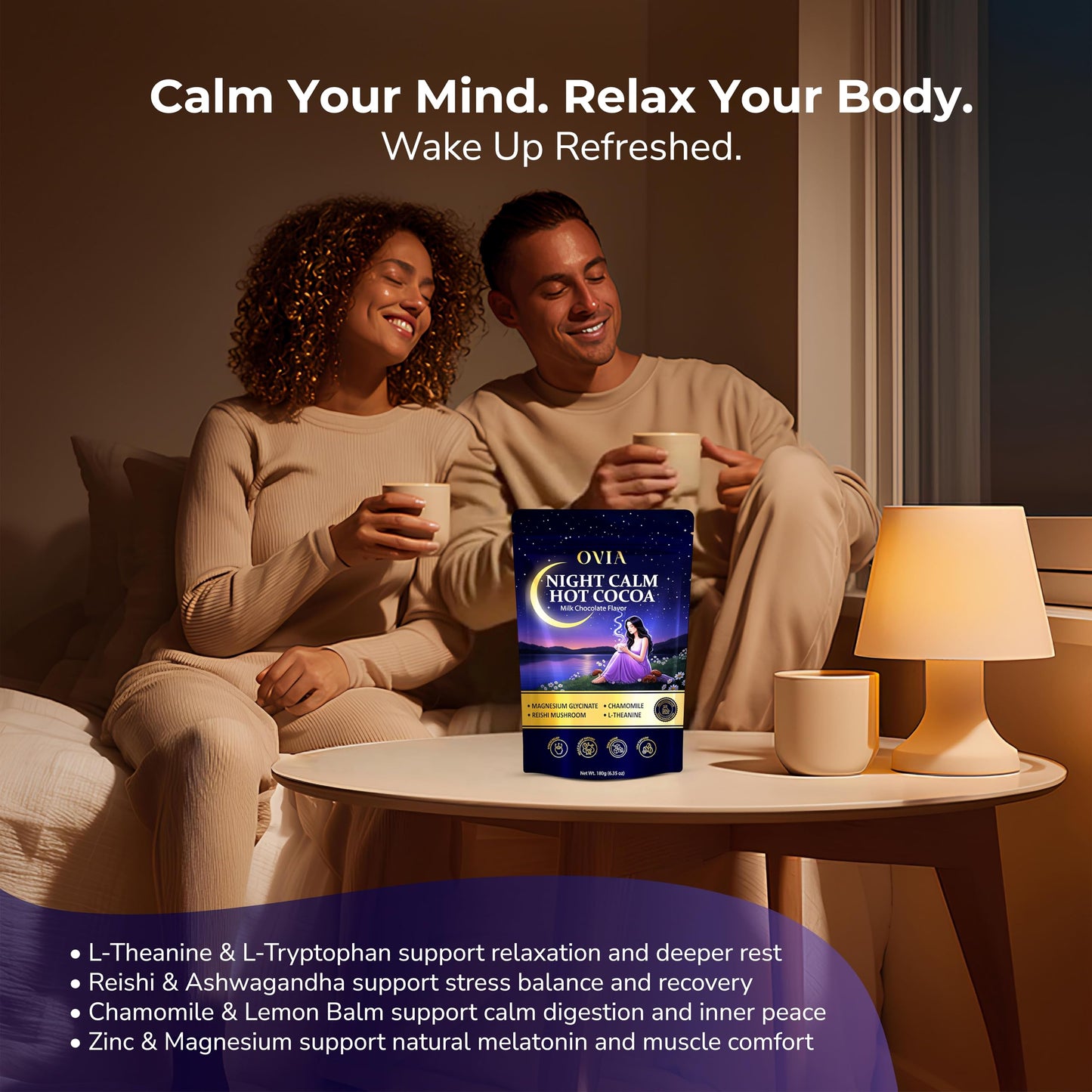 OVIA Night Calm Melatonin-Free Magnesium Mushroom Hot Cocoa Powder 6.35 oz