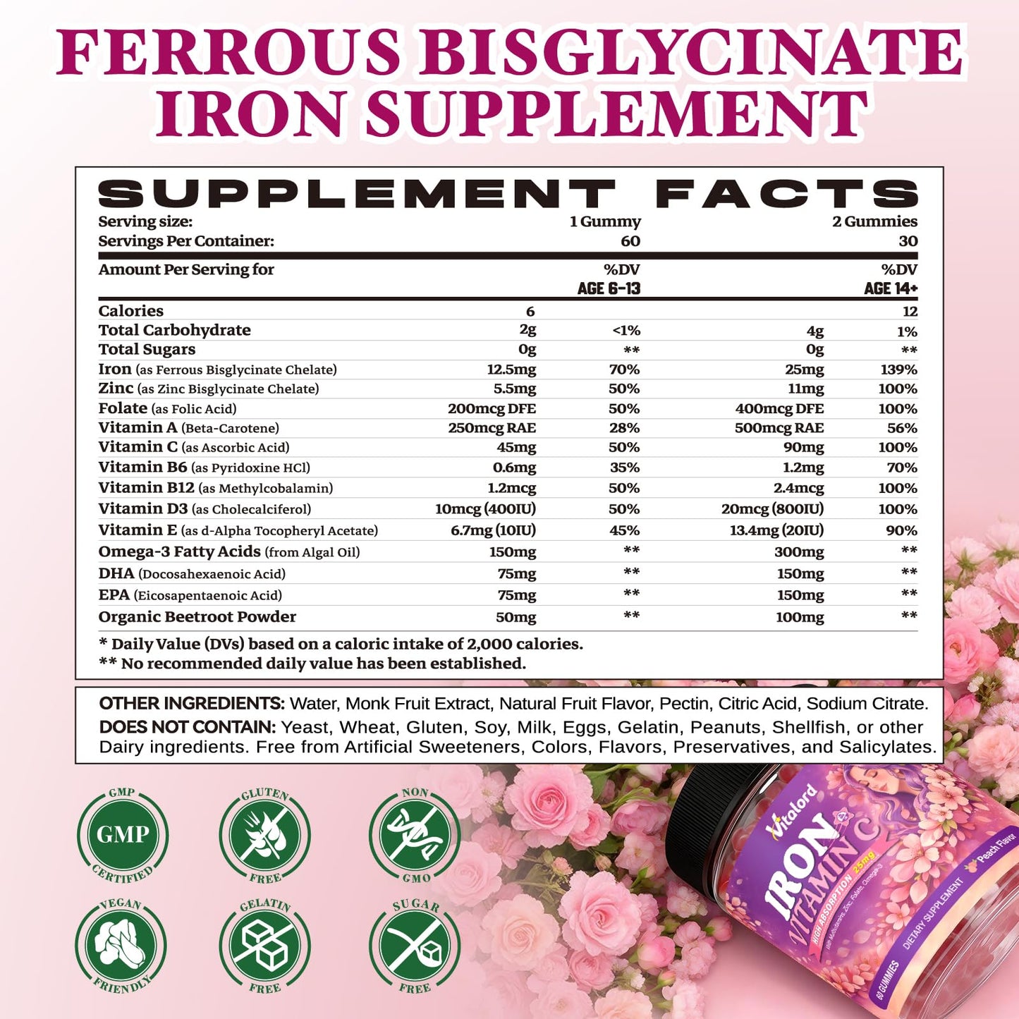 Vitalord Iron Bisglycinate Gummies 60 Count