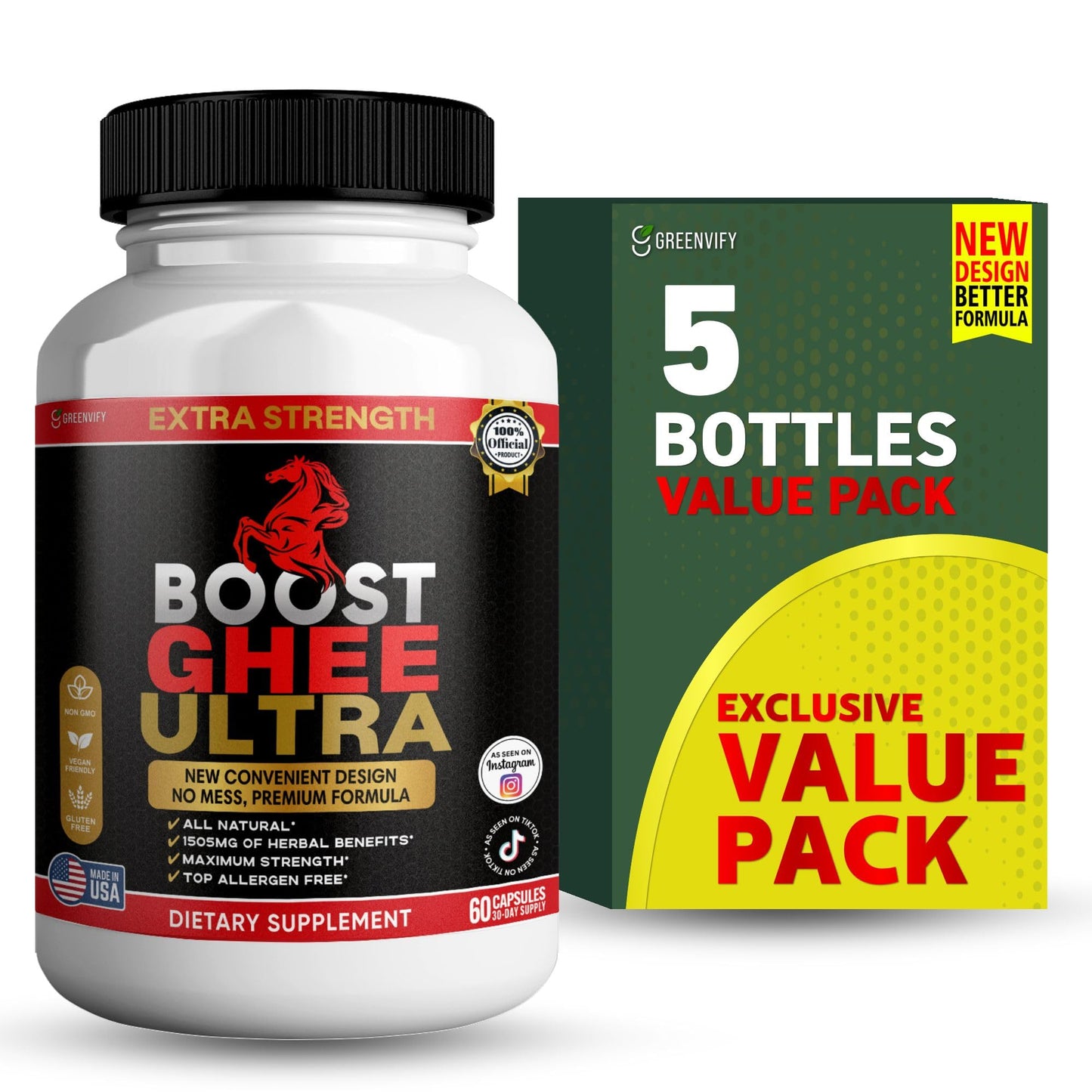 GREENVIFY Boost Ghee Ultra Extra Strength Organic Maca Root Supplement Black Red Yellow Maca Capsules 60 Count