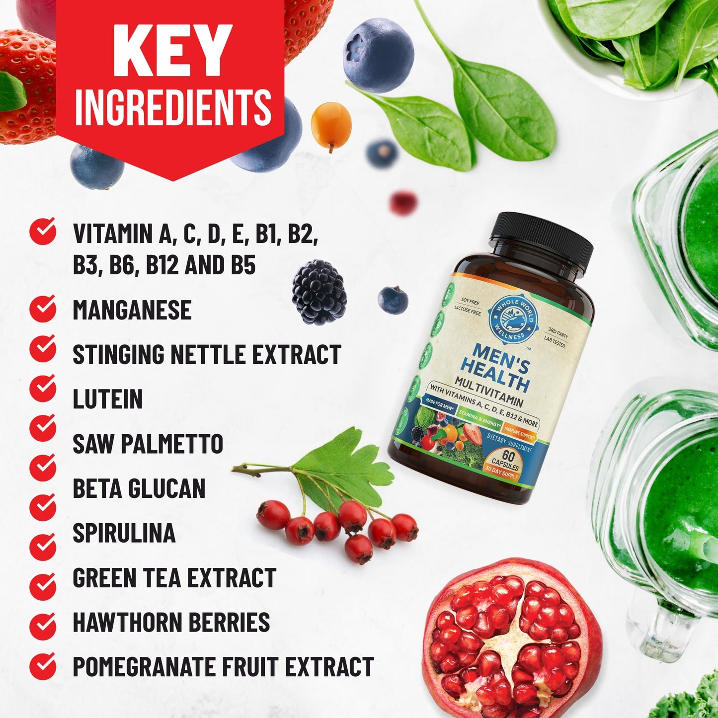Whole World Wellness Mens Daily Multivitamin Multimineral Supplement for Energy, Focus, Stamina & Performance, Capsule, 60 Count