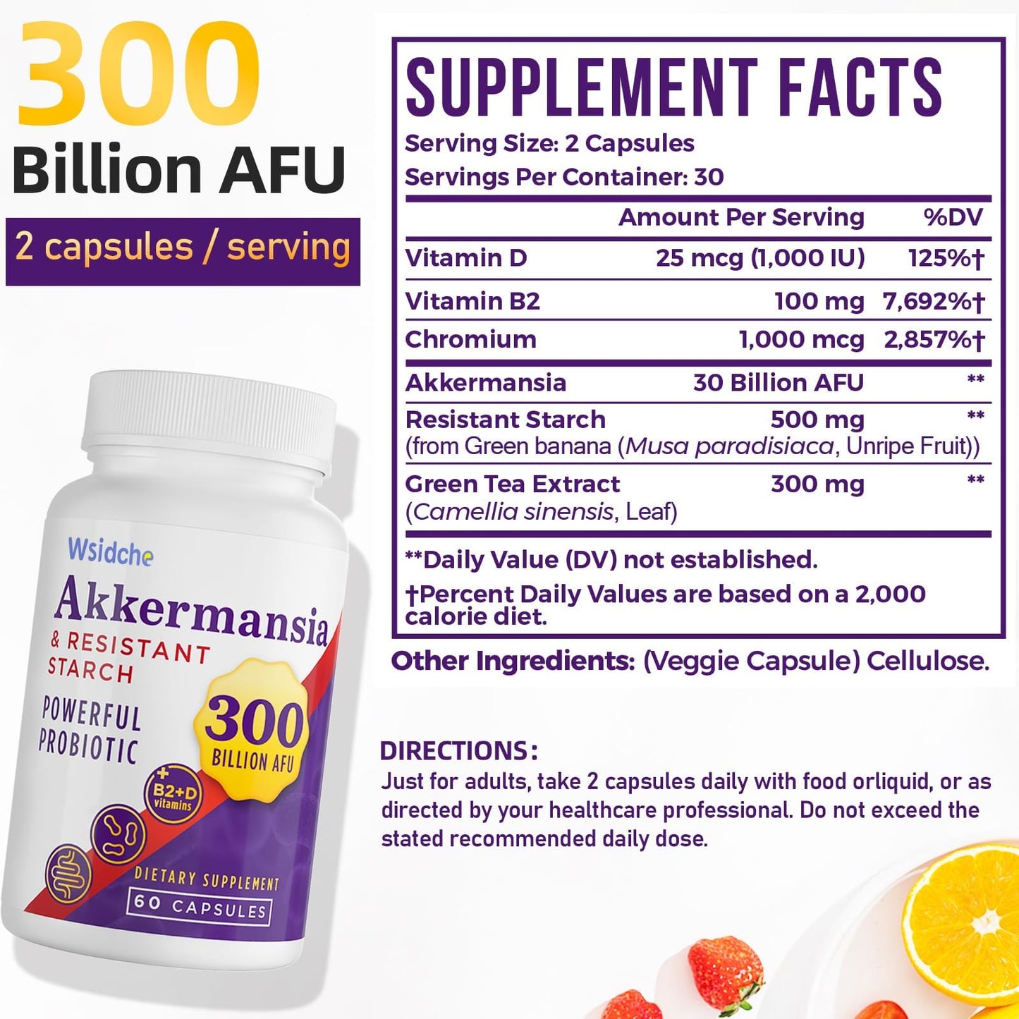 Wsidche Akkermansia Muciniphila Probiotic Capsules 300 Billion AFU, 120 Count