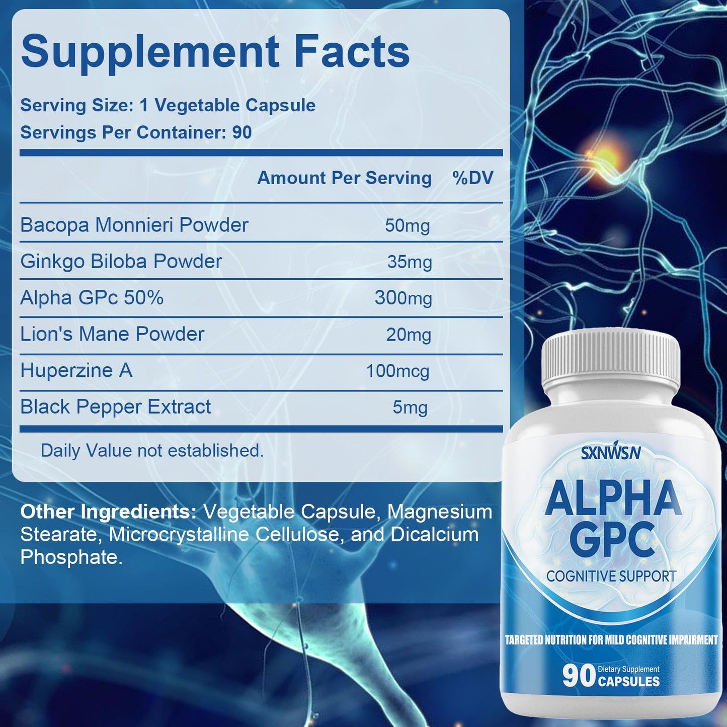 SXNWSN Alpha GPC Cognitive Support 300mg with Bacopa & Ginkgo Biloba, 90 Capsules
