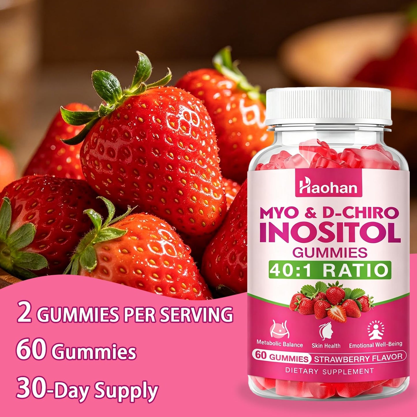Haohan Myo-Inositol & D-Chiro Inositol Gummies for Female Health with Vitamin D3, Magnesium Glycinate, Folate & Zinc, Sugar Free, Strawberry Flavor, 60 Gummies
