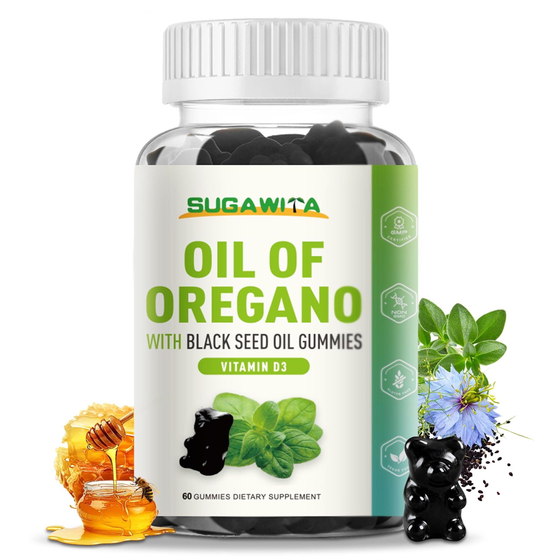 SUGAWITA Oil of Oregano with Black Seed Oil + Vitamin D3, 3 in 1 Oregano Oil 500mg Gummies, 60 Count