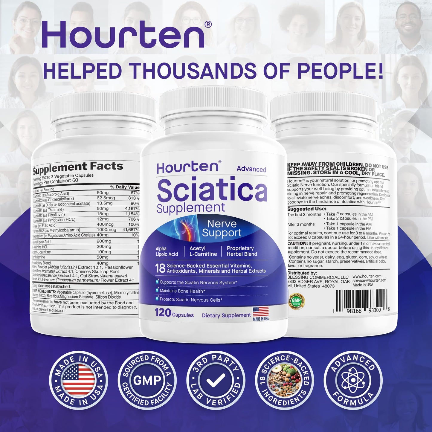 Hourten Advanced Sciatic Nerve Support Relief: Alpha Lipoic Acid - 18 in 1 Sciatica Supplements - Vitamin B Complex Capsules, 120 Count