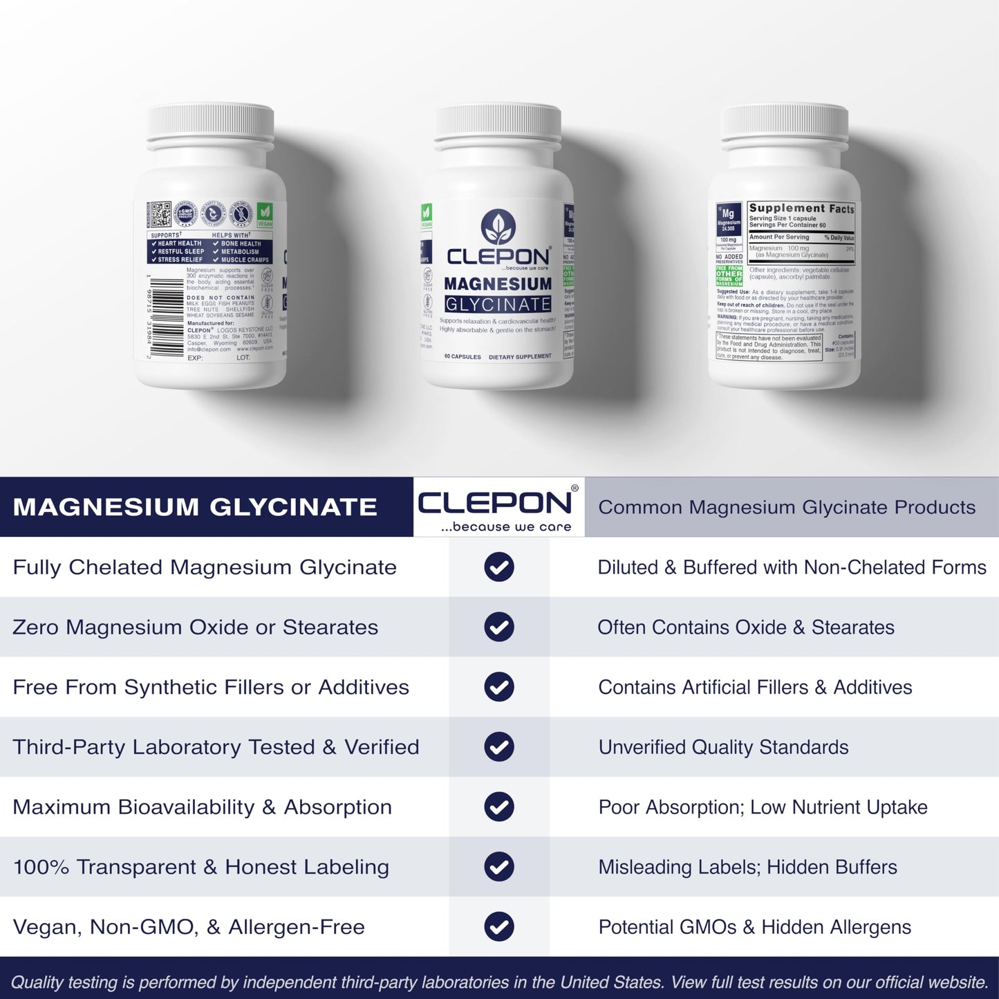 CLEPON Magnesium Glycinate 100mg Elemental Magnesium per Capsule, 60 Capsules