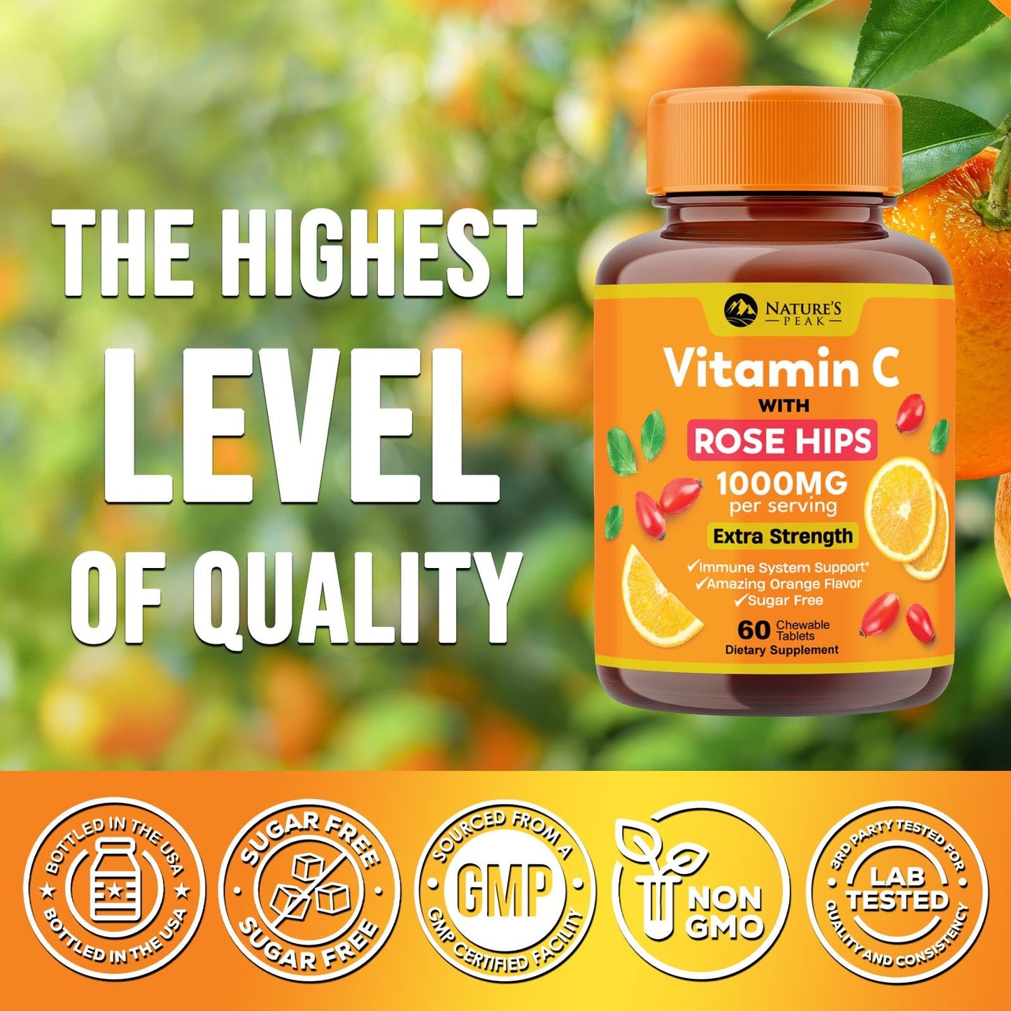 Nature's Peak Vitamin C 1000mg - Extra Strength Immune Support with Rose Hips - 60 Tablets