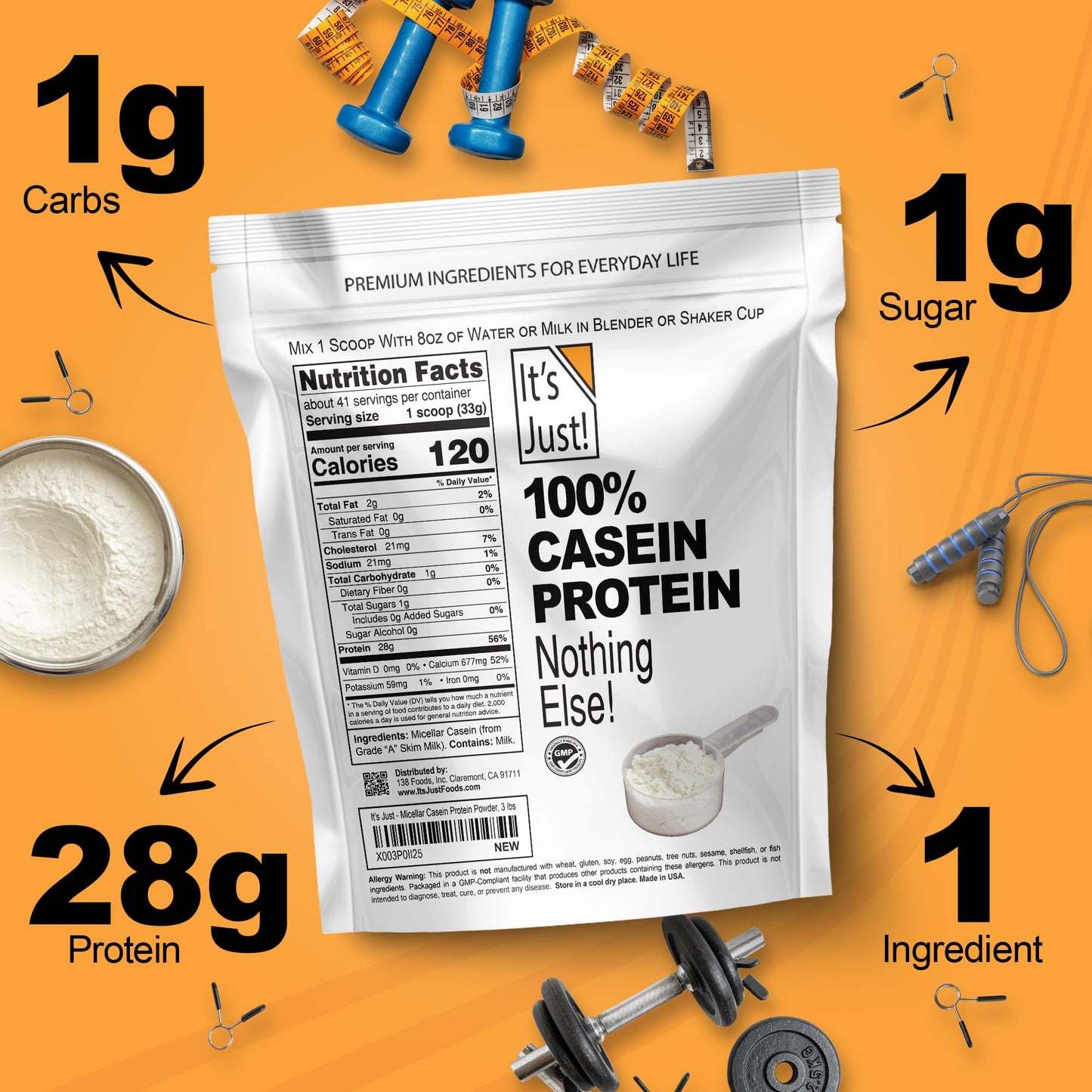It's Just! 100% Casein Protein Powder Unflavored, 5 Pound, 80
