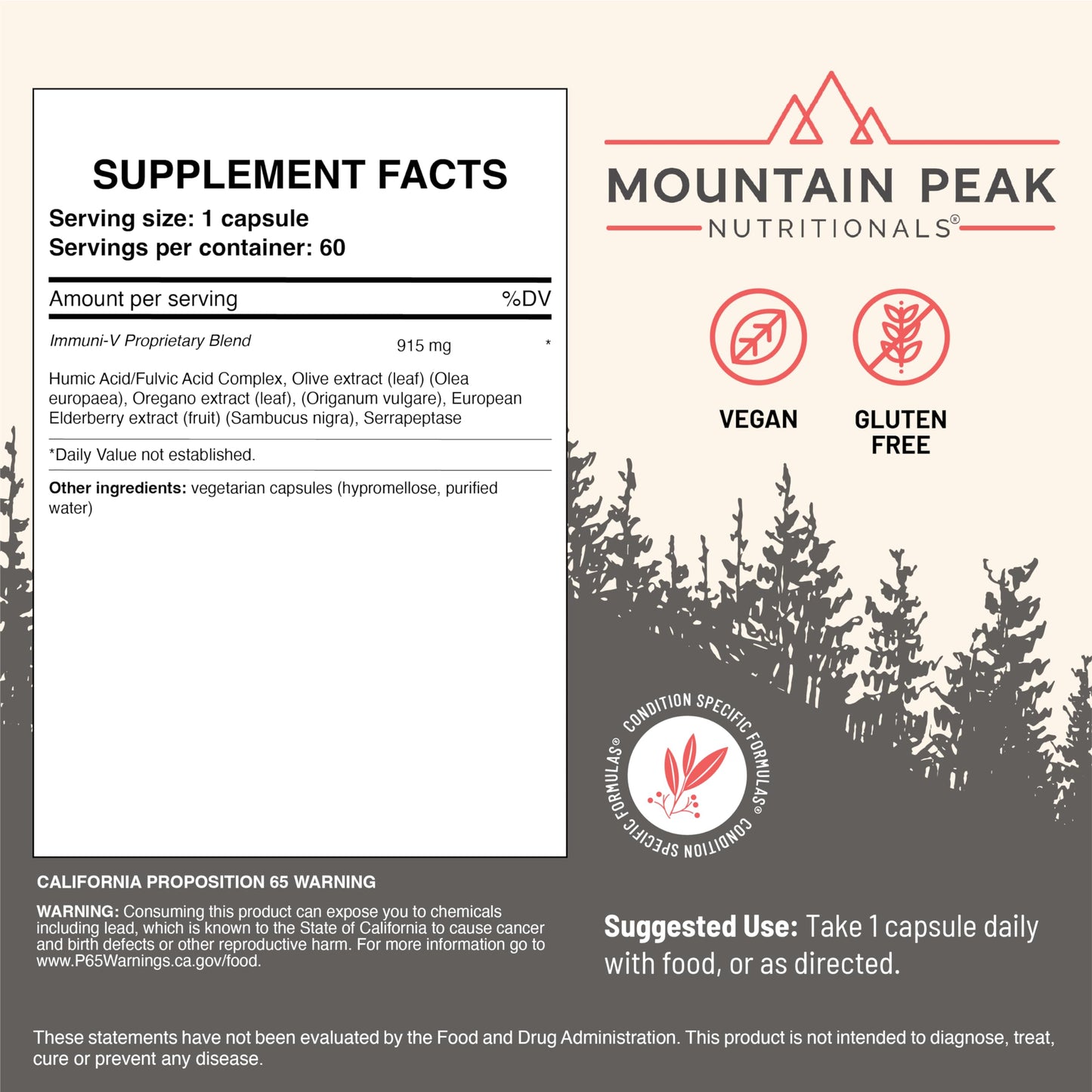 Mountain Peak Nutritionals Immuni-V Immune System & Whole Body Support Supplement - Natural Antioxidant Booster with Humic Acid, Olive Extract, & Elderberry 60 Capsules