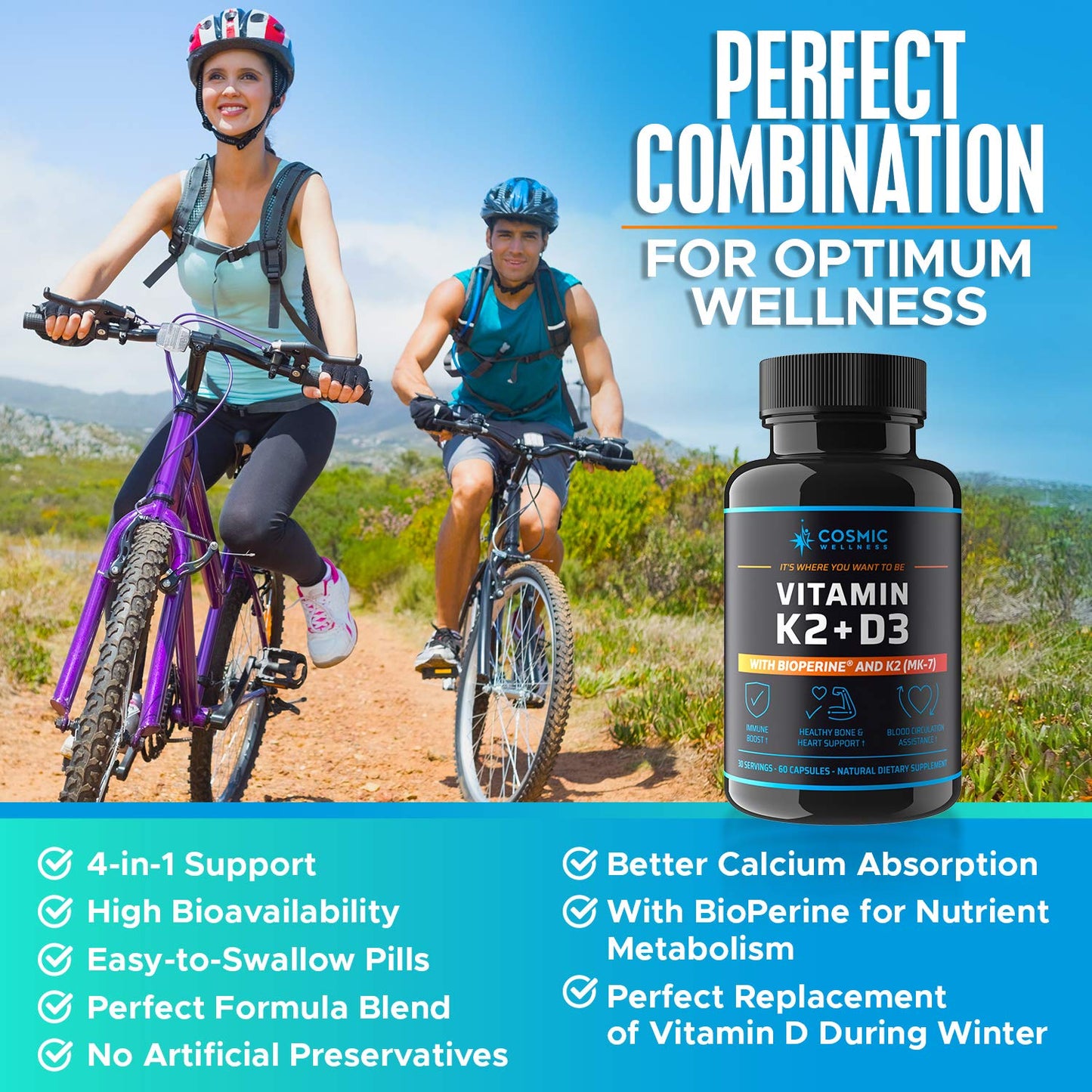 COSMIC WELLNESS K2 D3 Vitamin Supplement 5000 IU Capsules, 60 Count