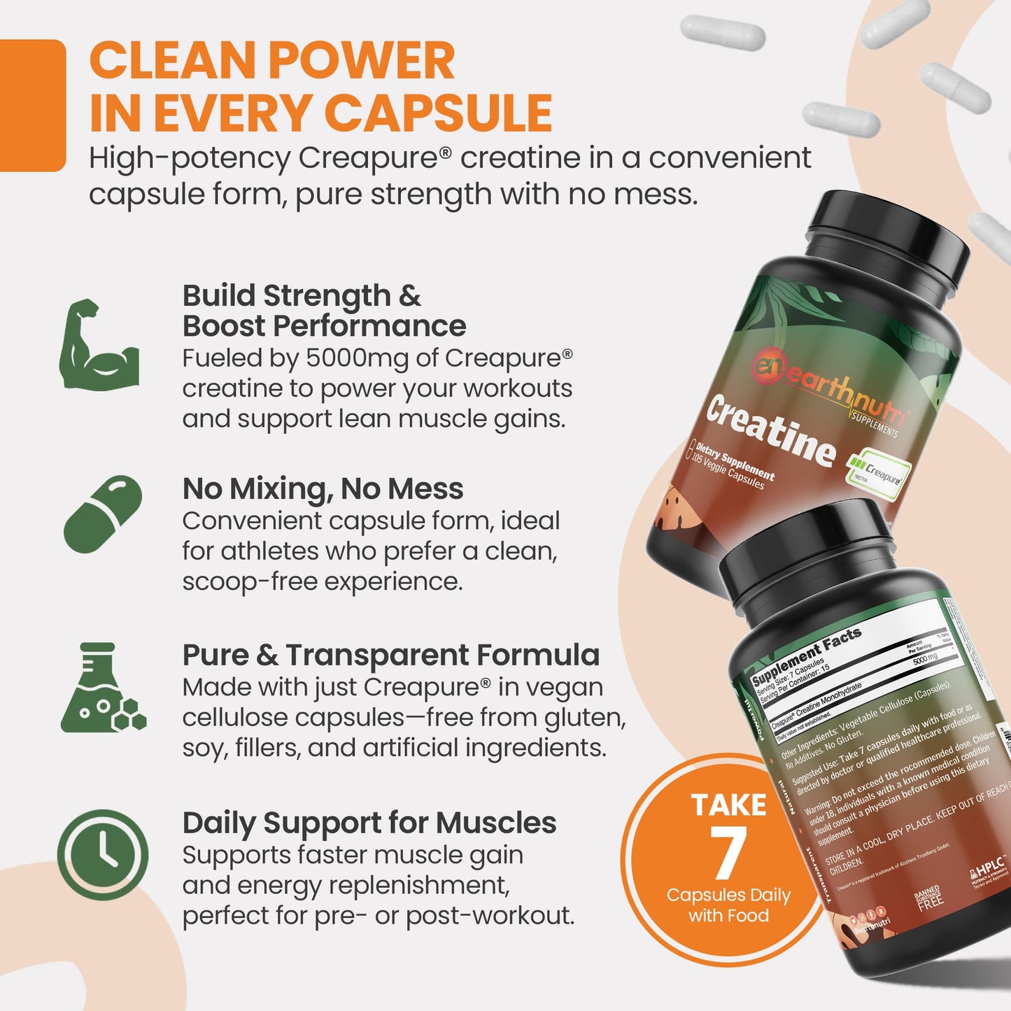 EarthNutri Creatine Monohydrate Capsules, Unflavored, 105 Capsules