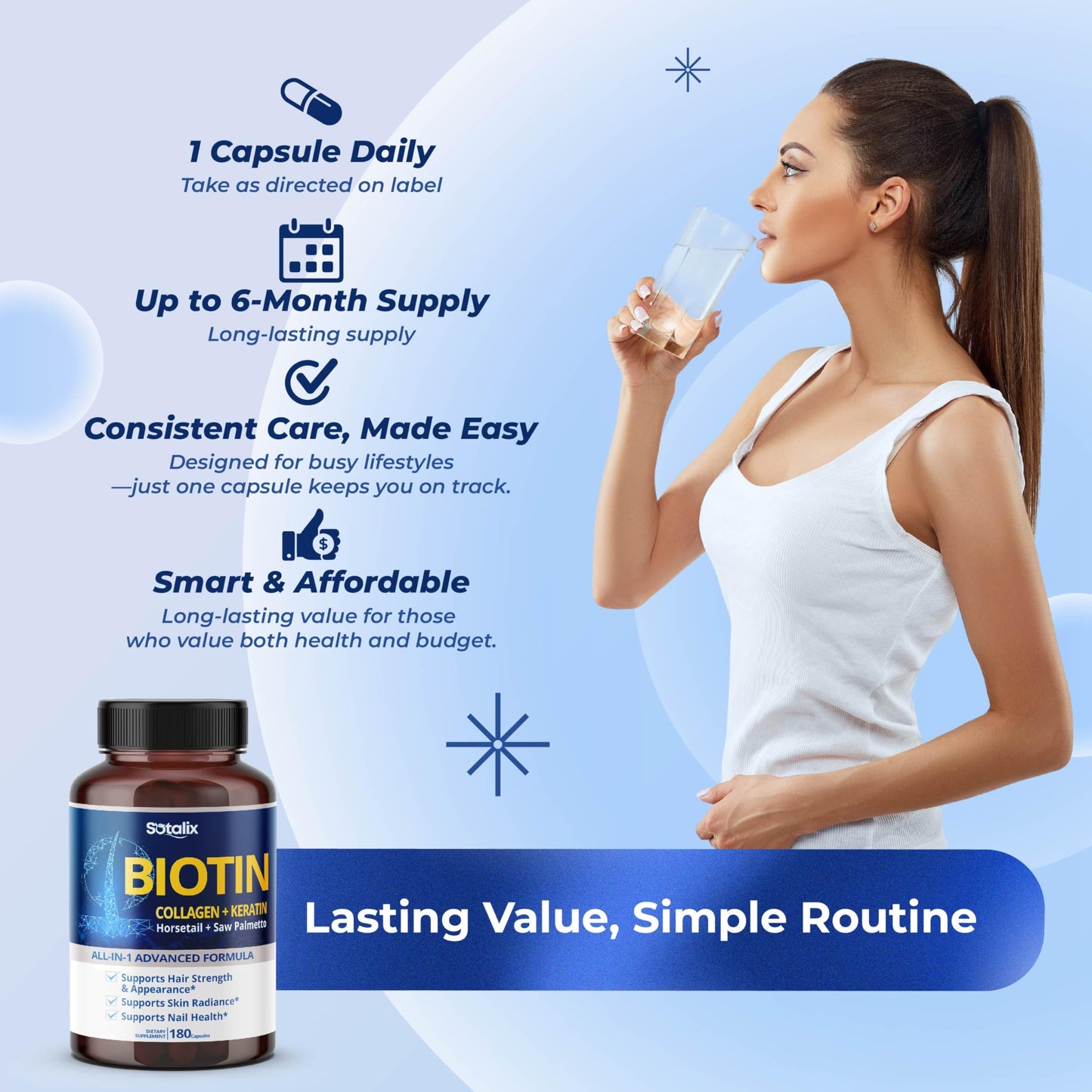 SOTALIX SUPPLEMENT Biotin with Collagen + Keratin Horsetail + Saw Palmetto, 180 Capsules