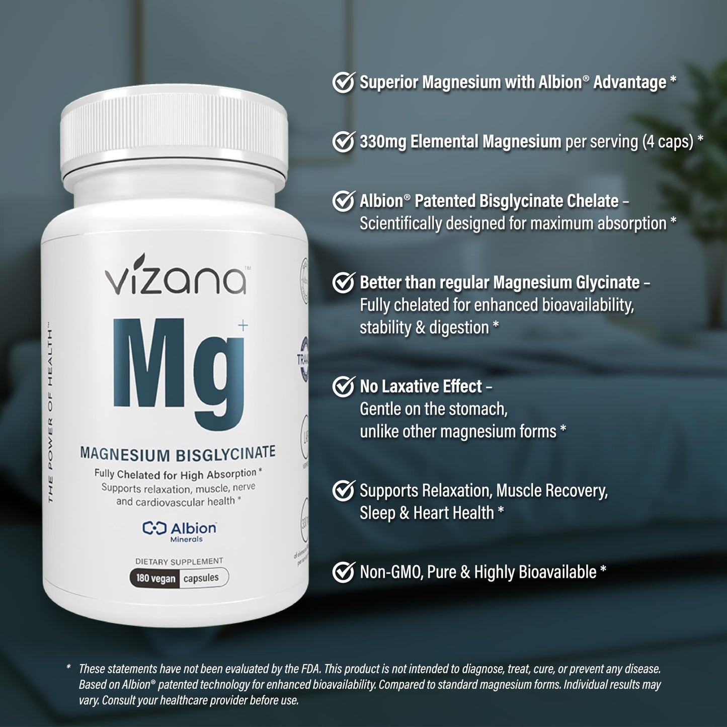 Vizana Nutrition Magnesium Bisglycinate 100% Pure Albion TRAACS Chelate 330mg Elemental Magnesium, 180 Capsules