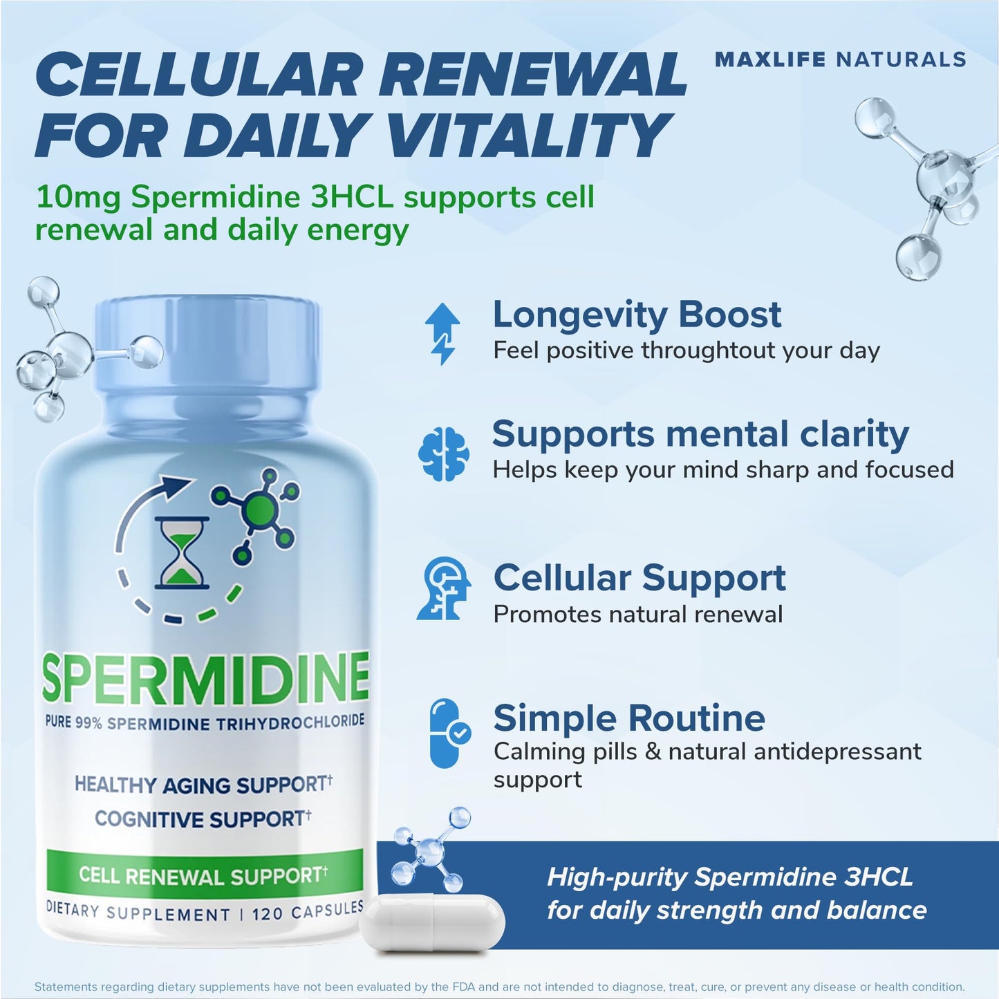 MAXLIFE NATURALS Spermidine Supplements Trihydrochloride 10mg Capsule, 120 Count