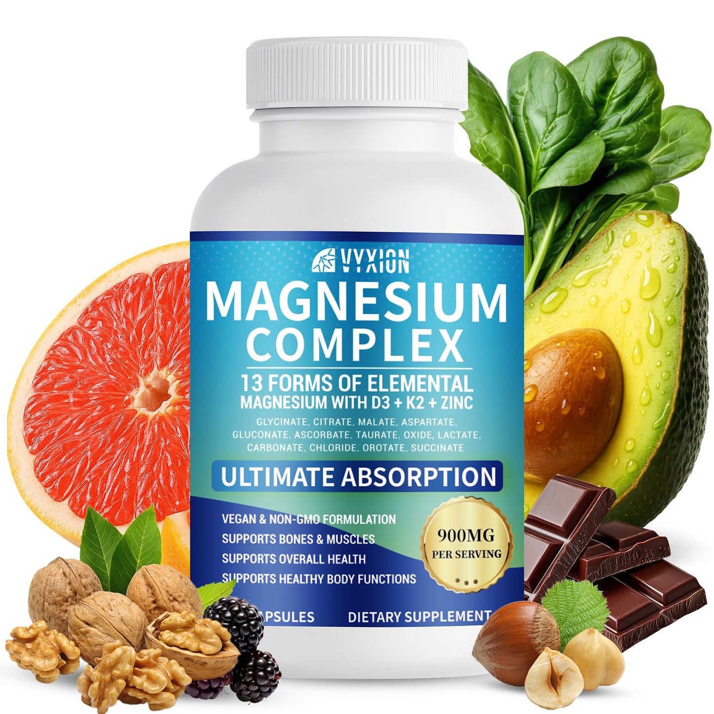 Vyxion Magnesium Glycinate Complex 900mg Elemental Magnesium with Vitamin D3, K2, Zinc & B Vitamins, 90 Capsules