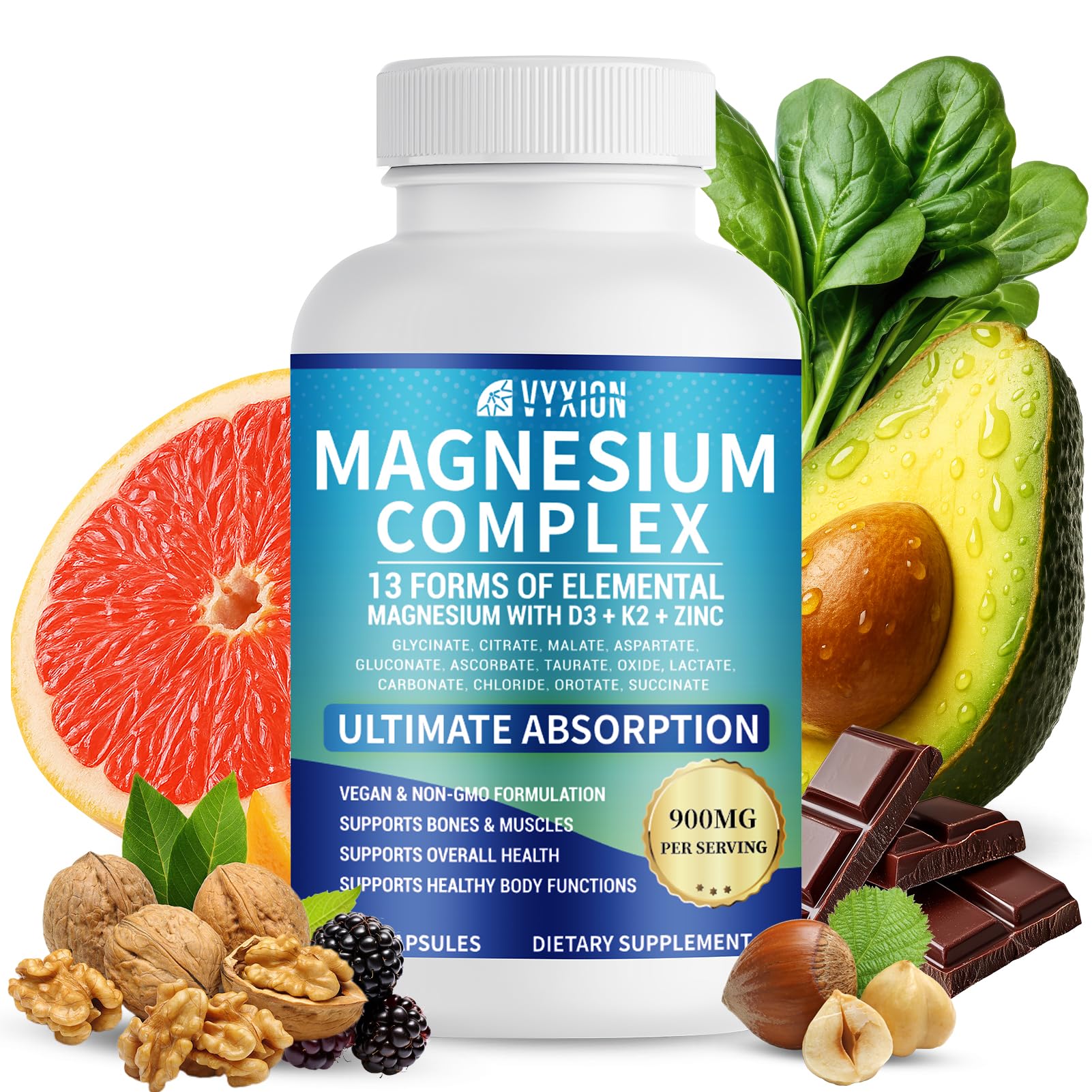 Vyxion Magnesium Glycinate Complex 900mg Elemental Magnesium with Vitamin D3, K2, Zinc & B Vitamins, 90 Capsules