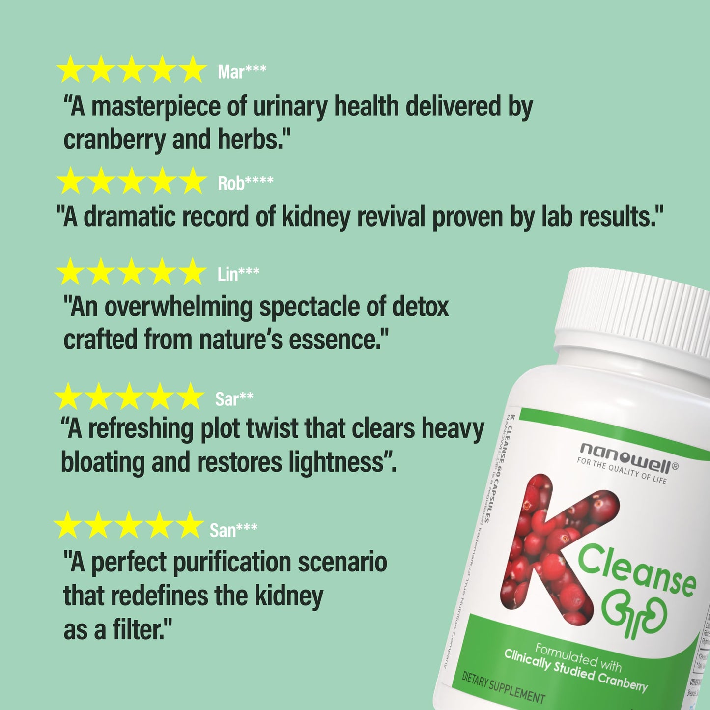 NANOWELL K-Cleanse Kidney Cleanse Supplement with Pacran Cranberry Extract, Magnesium, Selenium, Vitamins B5 & B6, 60 Capsules
