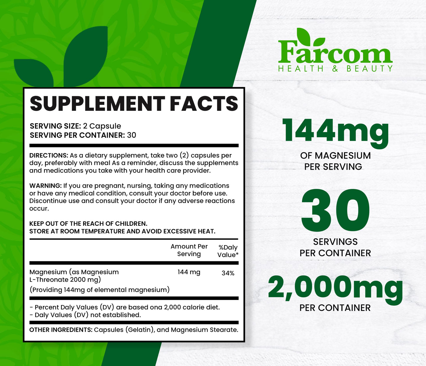 Farcom Magnesium L-Threonate 2000mg Capsules, 60 Capsules