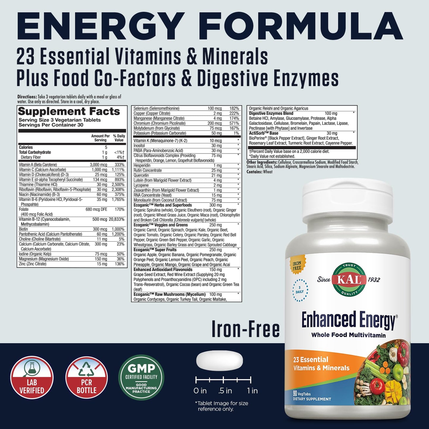 KAL Enhanced Energy Supplements Whole Food Multivitamin for Women and Men Iron Free Powder, 90 Count