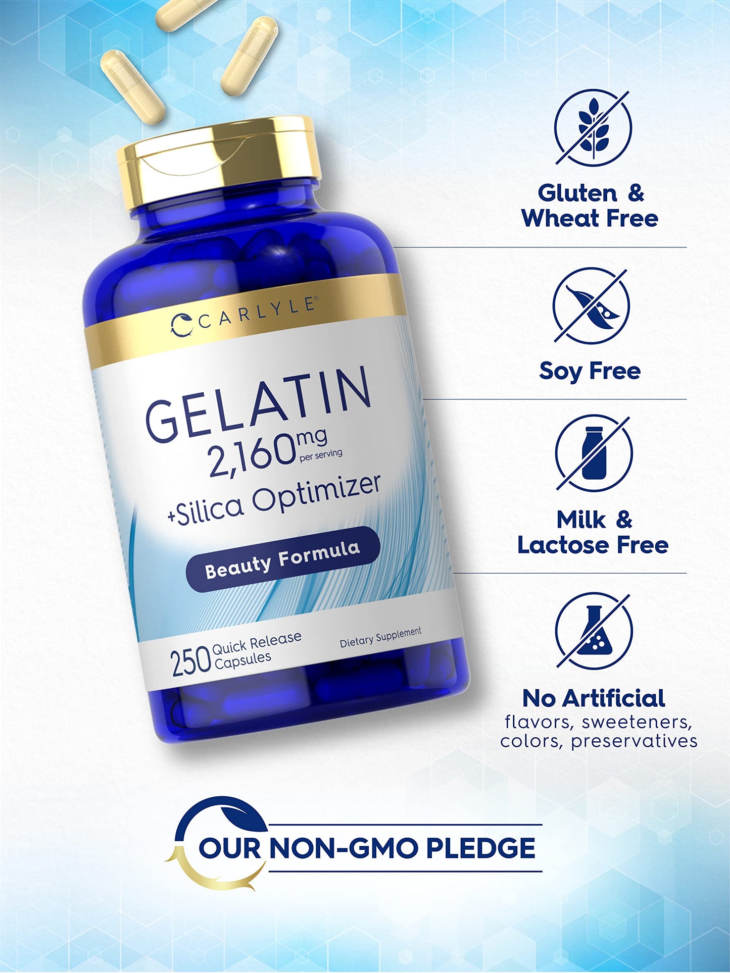 Carlyle Gelatin Capsules 2160 mg, 250 Count, Non-GMO, Gluten Free