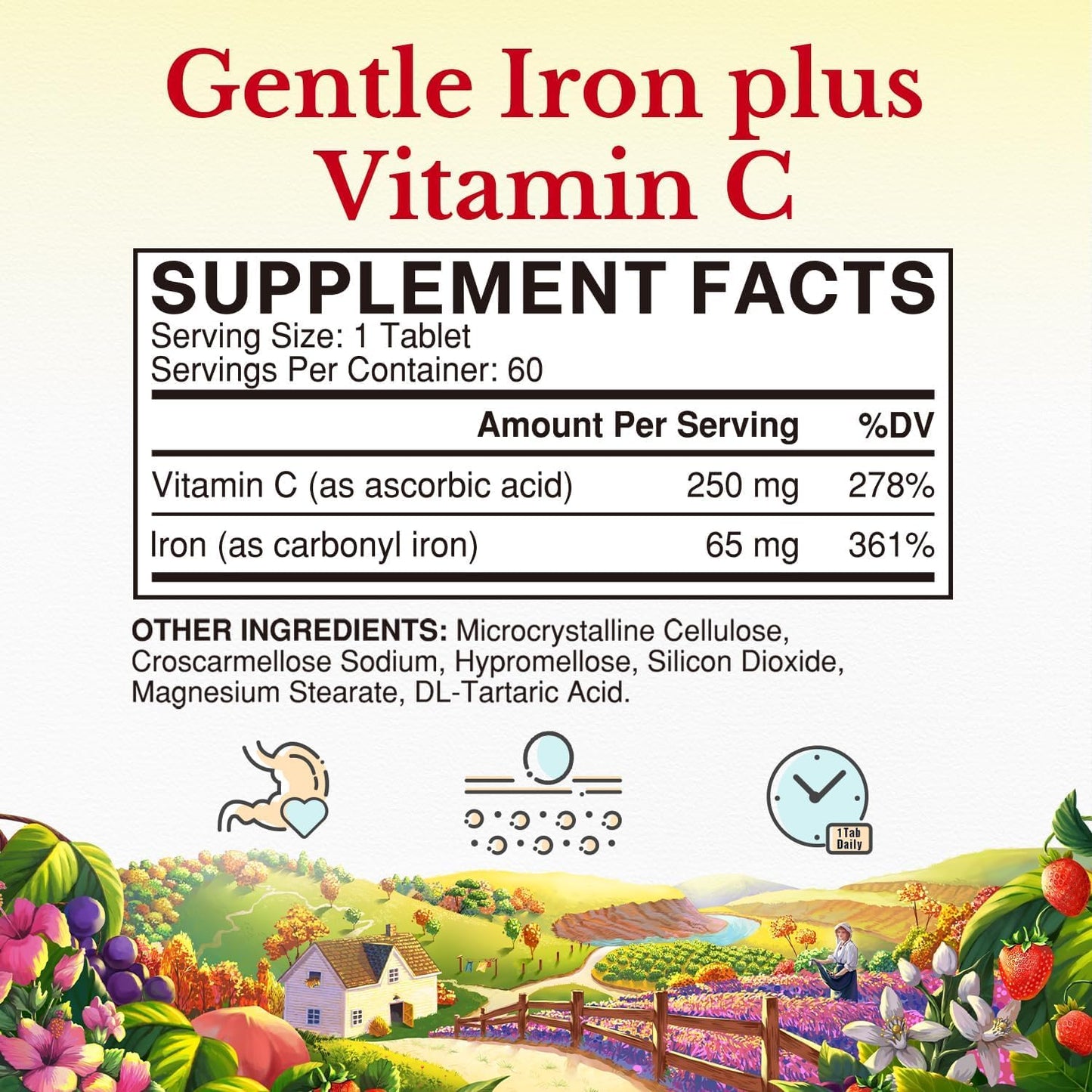 Vitalitown Iron Supplement for Women and Men, High Potency 65mg Iron Tablet, 60 Tabs