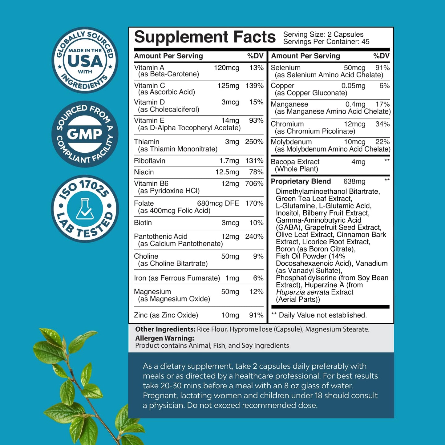Natures Craft Nootropic Brain Supplement for Memory and Focus Support Capsules 90 Count