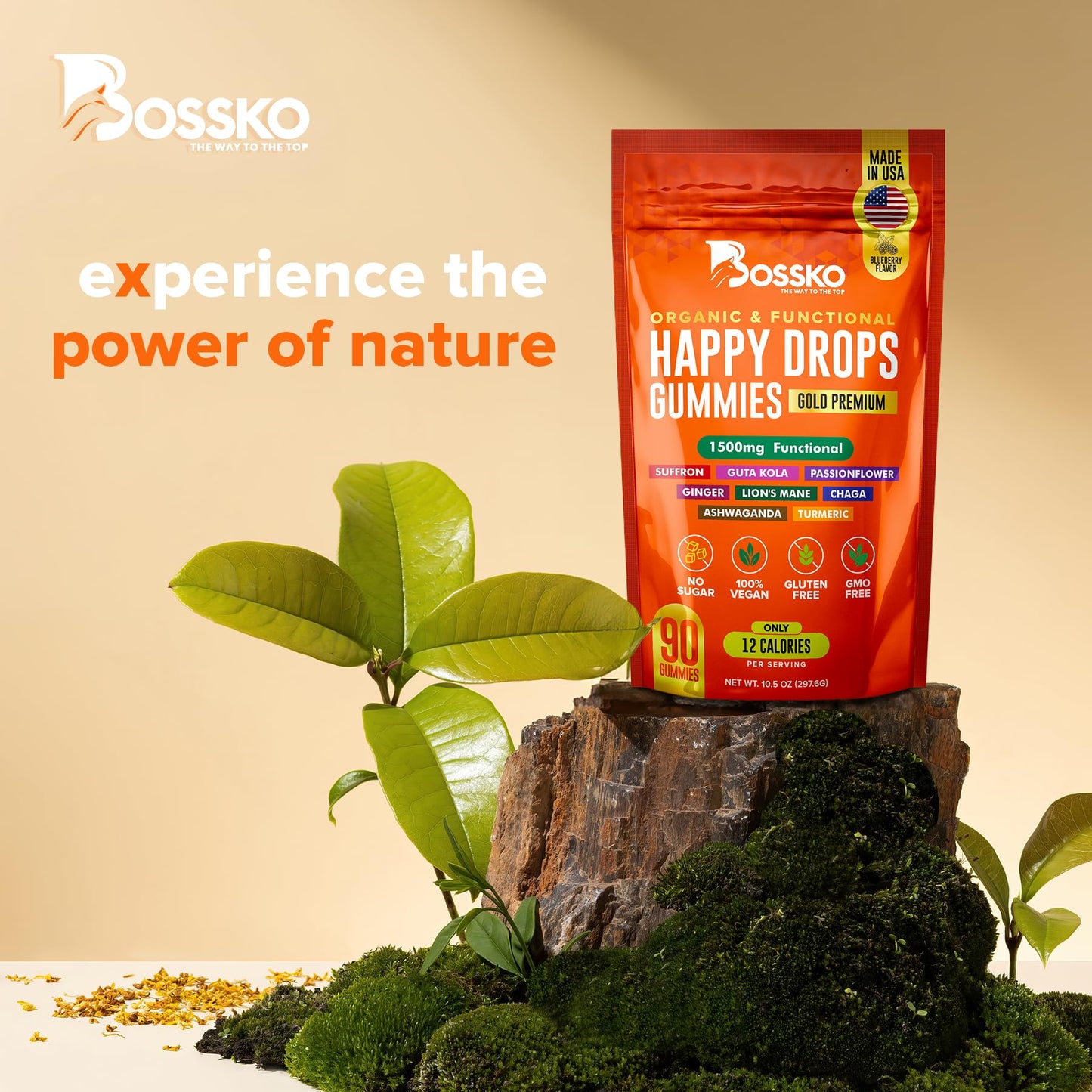 BOSSKO THE WAY TO THE TOP Happy Gummy Supplement 8-in-1 Advanced Formula Calm & Focus Support Gummies Blueberry Flavor 90 Count