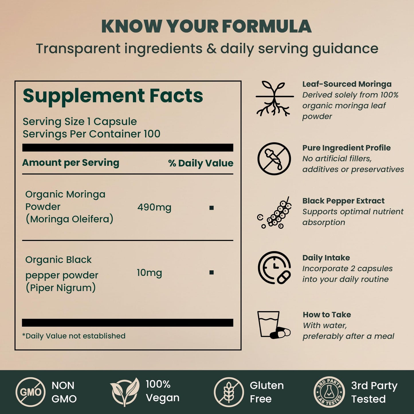 EVARA Moringa Powder Organic Capsules 500mg 100 Count