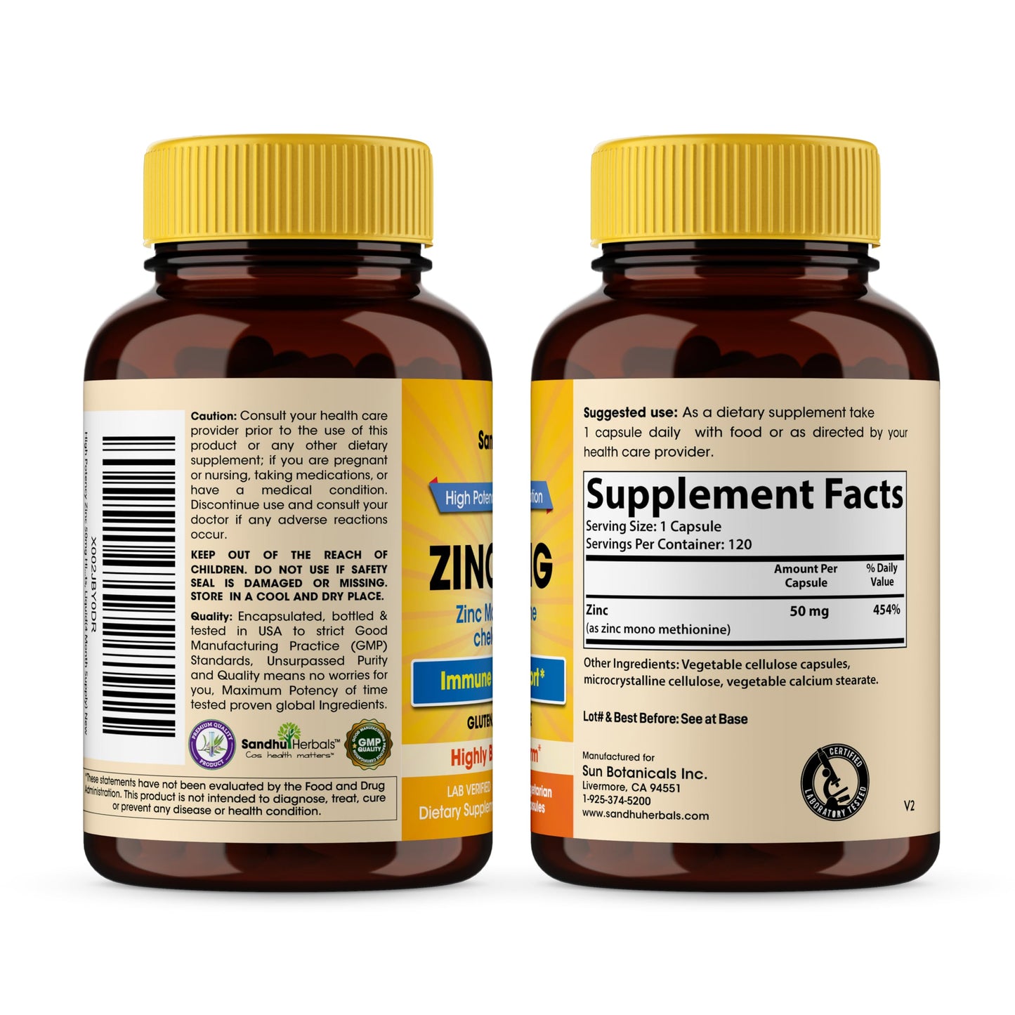 SANDHUHERBALS Zinc 50mg Capsules, 120 Count