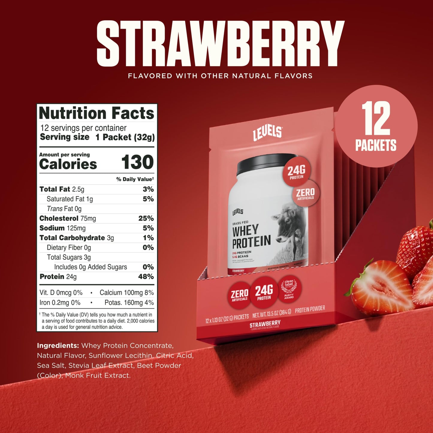 Levels Nutrition Grass Fed Whey Protein Powder Strawberry 14 Count