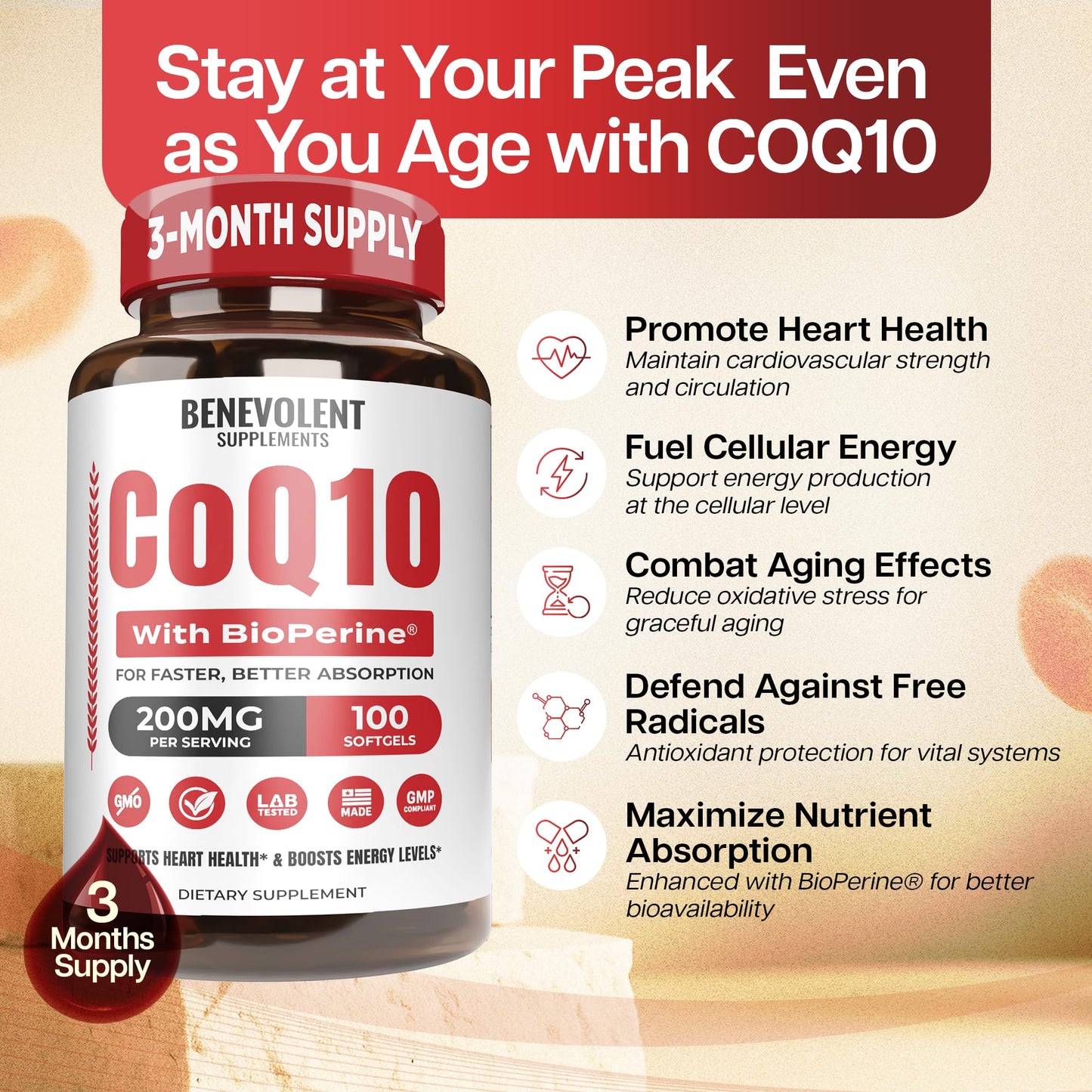 Benevolent Nourishment CoQ10 200mg with BioPerine for Max Absorption Softgels 100 Count