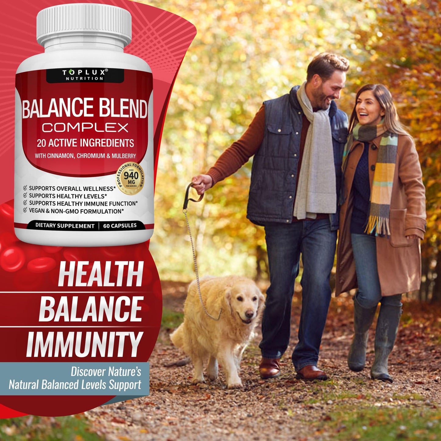 Toplux Premium Natural Balance Blend Complex Supplement - Natural 20 Herbs and Vitamins with Cinnamon Non-GMO Vegan, for Men Women, 60 Capsules