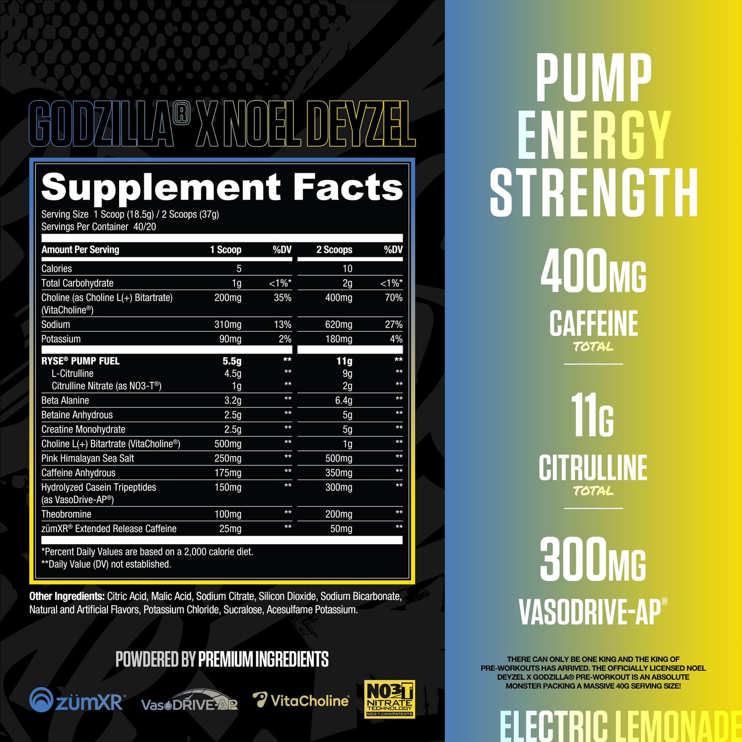 RYSE Up Supplements Godzilla X Noel Deyzel Pre Workout Powder, Electric Lemonade, 1.6 Pound