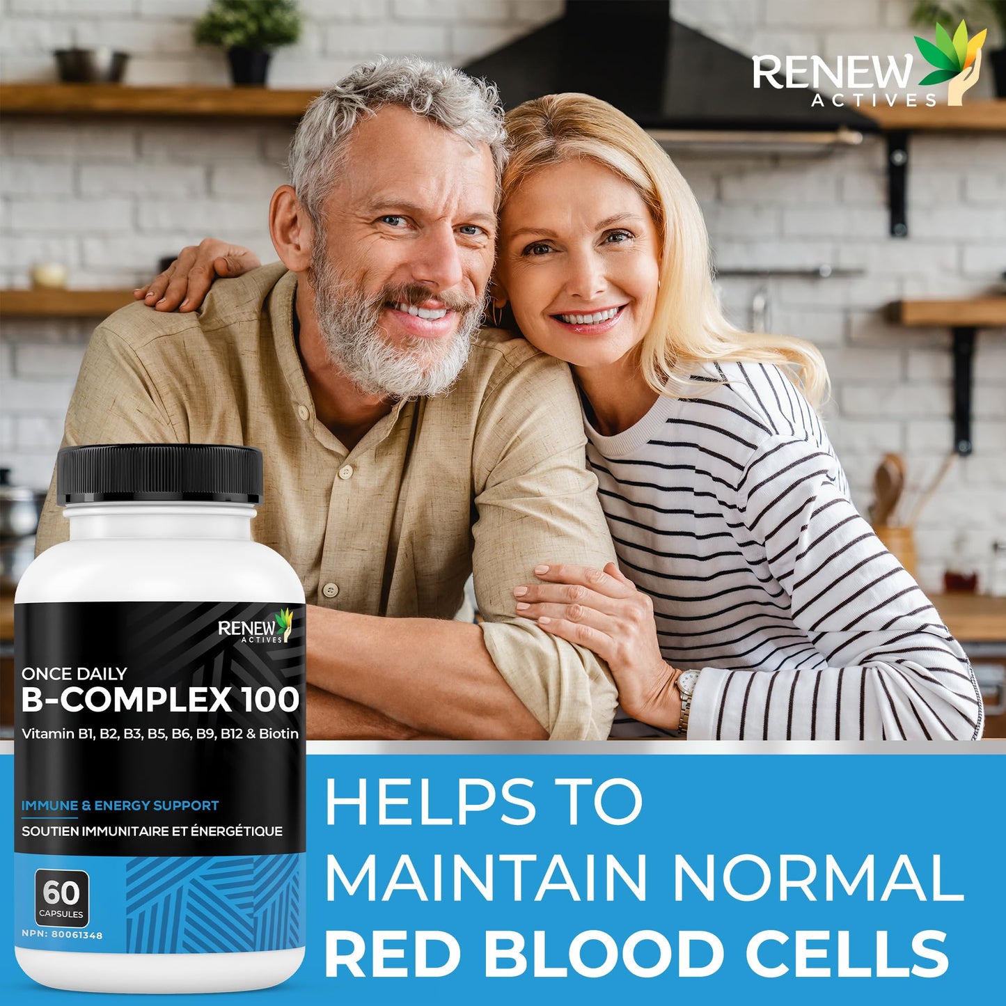 Renew Actives Vitamin B Complex 100 – Daily B1, B2, B3, B5, B6 & B12 600MCG per Serving for Energy, Red Blood Cell Formation, Liver Function & Metabolism – Made in Canada, 60 Capsules