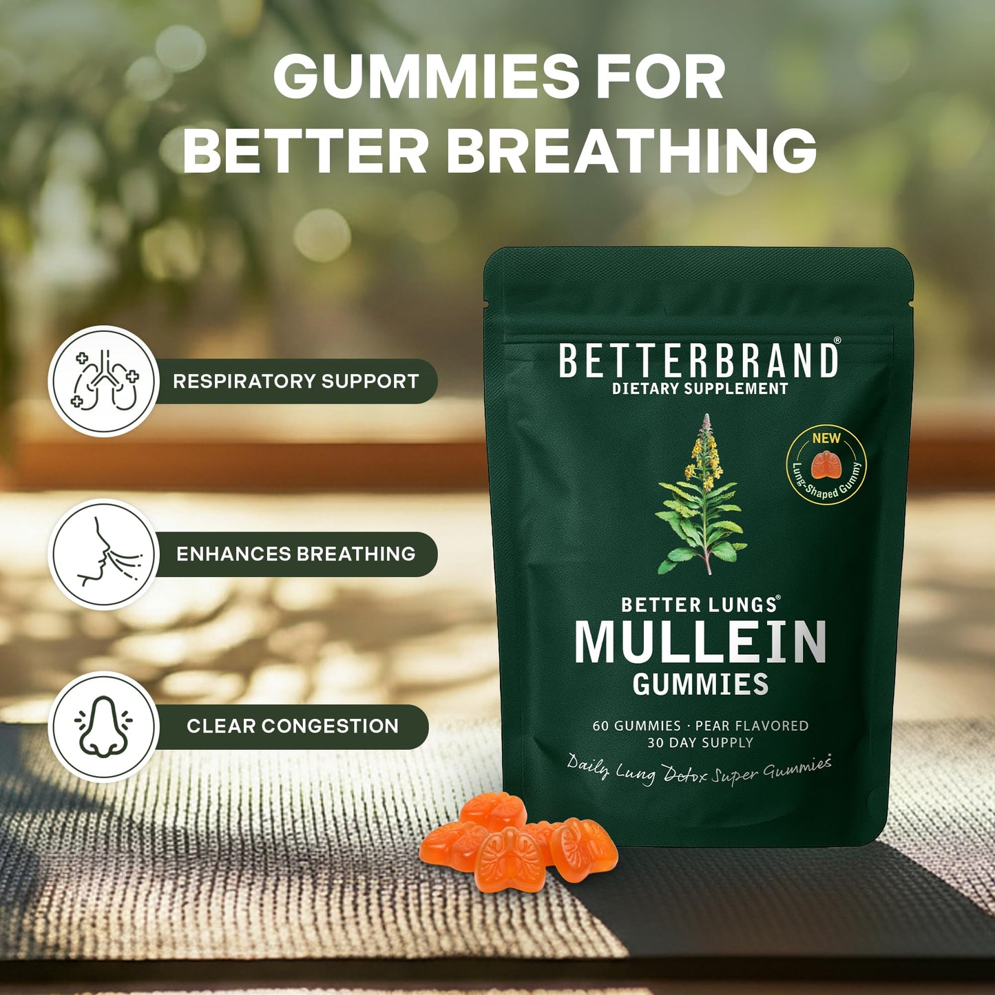 Betterbrand Mullein Chewable Gummies for Lung Cleanse and Detox, 180 Gummies