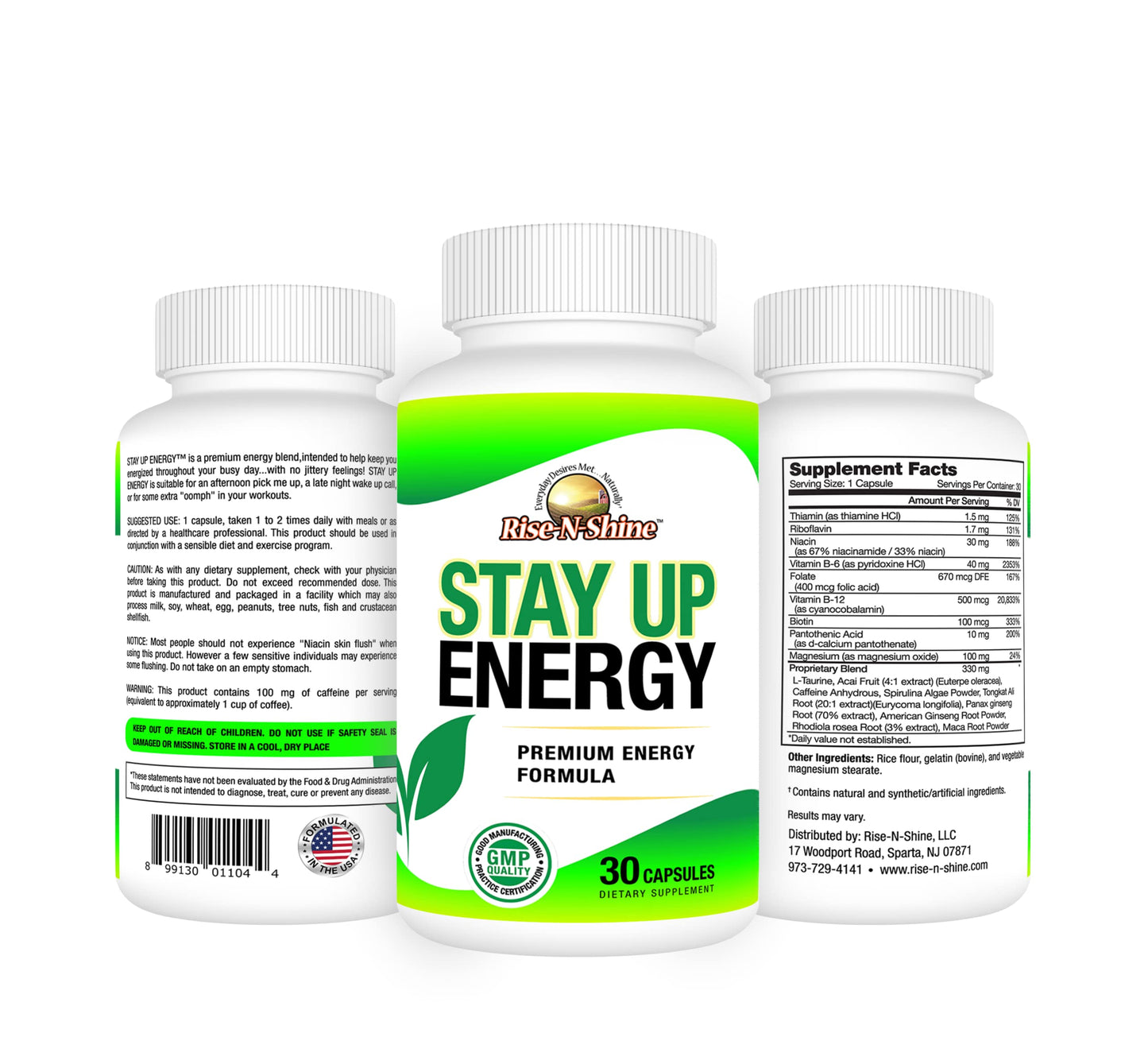 Rise-N-Shine Stay Up Energy Vitamins with Vitamin B6, Vitamin B12, Caffeine Anhydrous & More - Energy Supplement for Women and Men - 30 Capsules