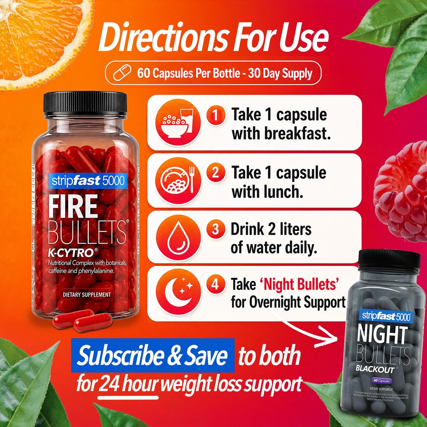 stripfast5000 Fire Bullets Weight Loss Pills for Women & Men Fat Burner GLP-1 Support Appetite Suppressant Diet Pills with Green Tea & Cayenne 60 Capsules