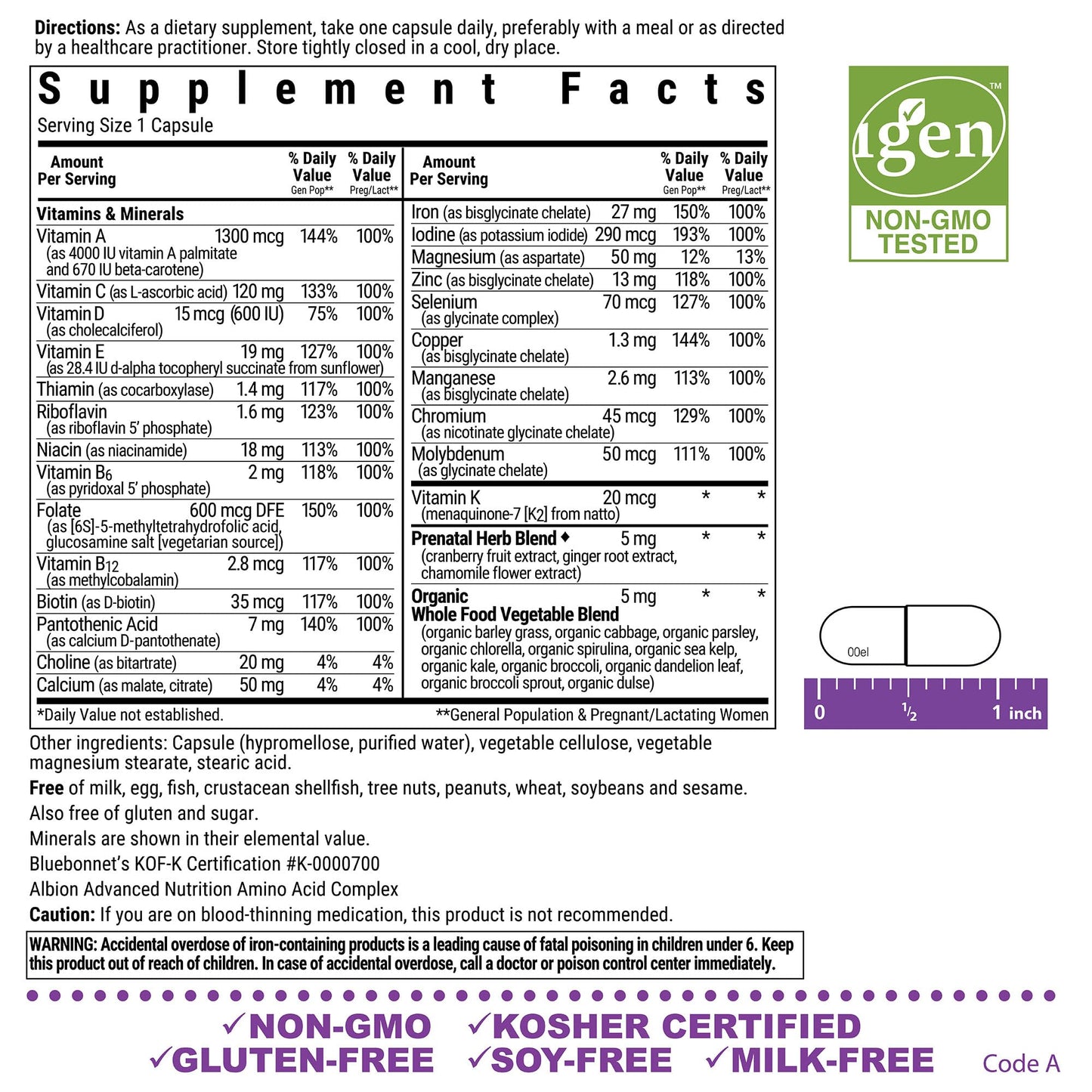 BlueBonnet Ladies’ One Prenatal Whole Food-Based Multiple Capsule 1 Count