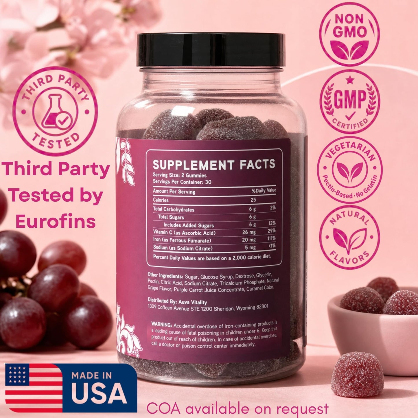 Auva Vitality Iron Gummies for Women 20mg with Vitamin C, Gummy, 60 Count