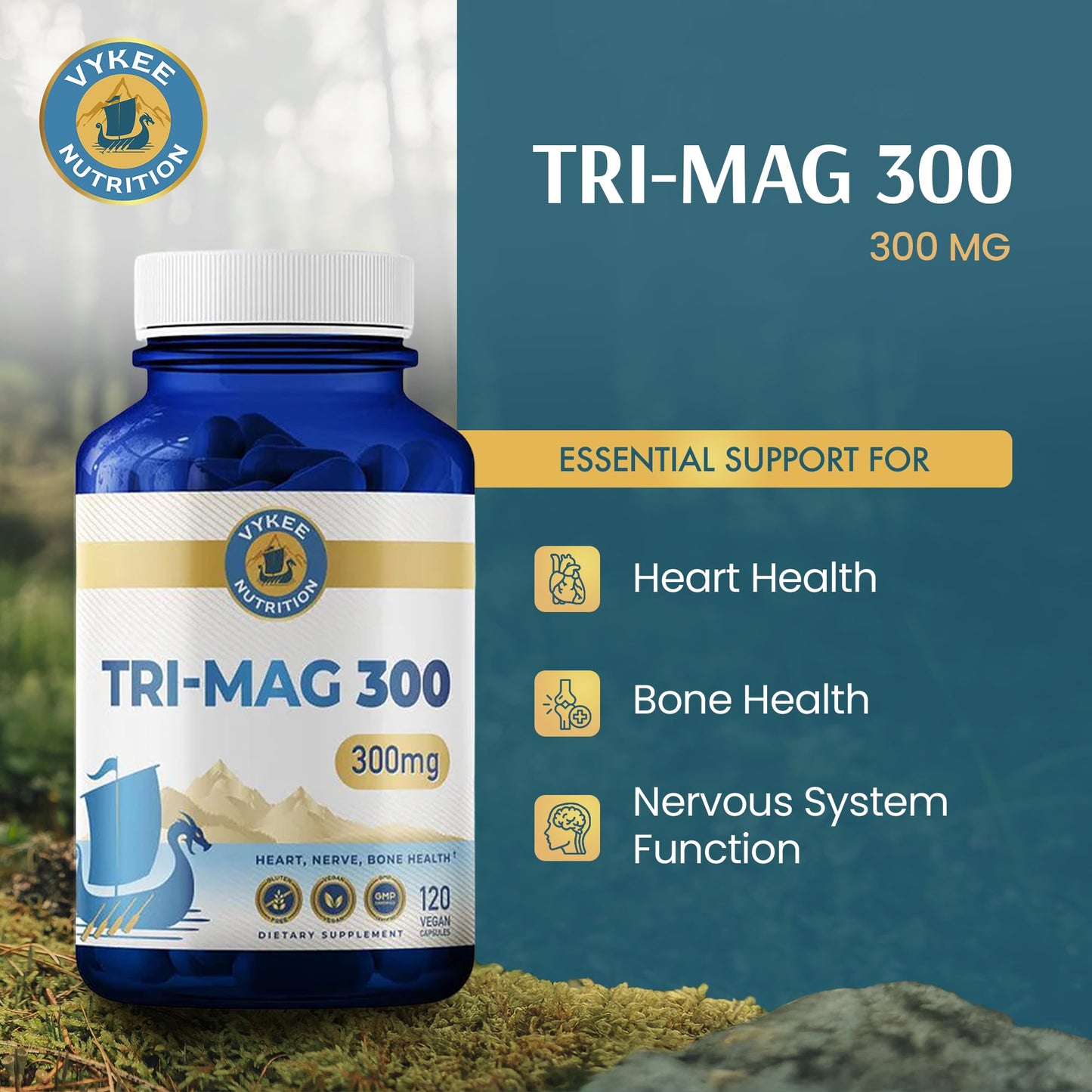 Vykee Nutrition Tri-Mag 300 Triple-Source Magnesium Complex Capsules 120 Count