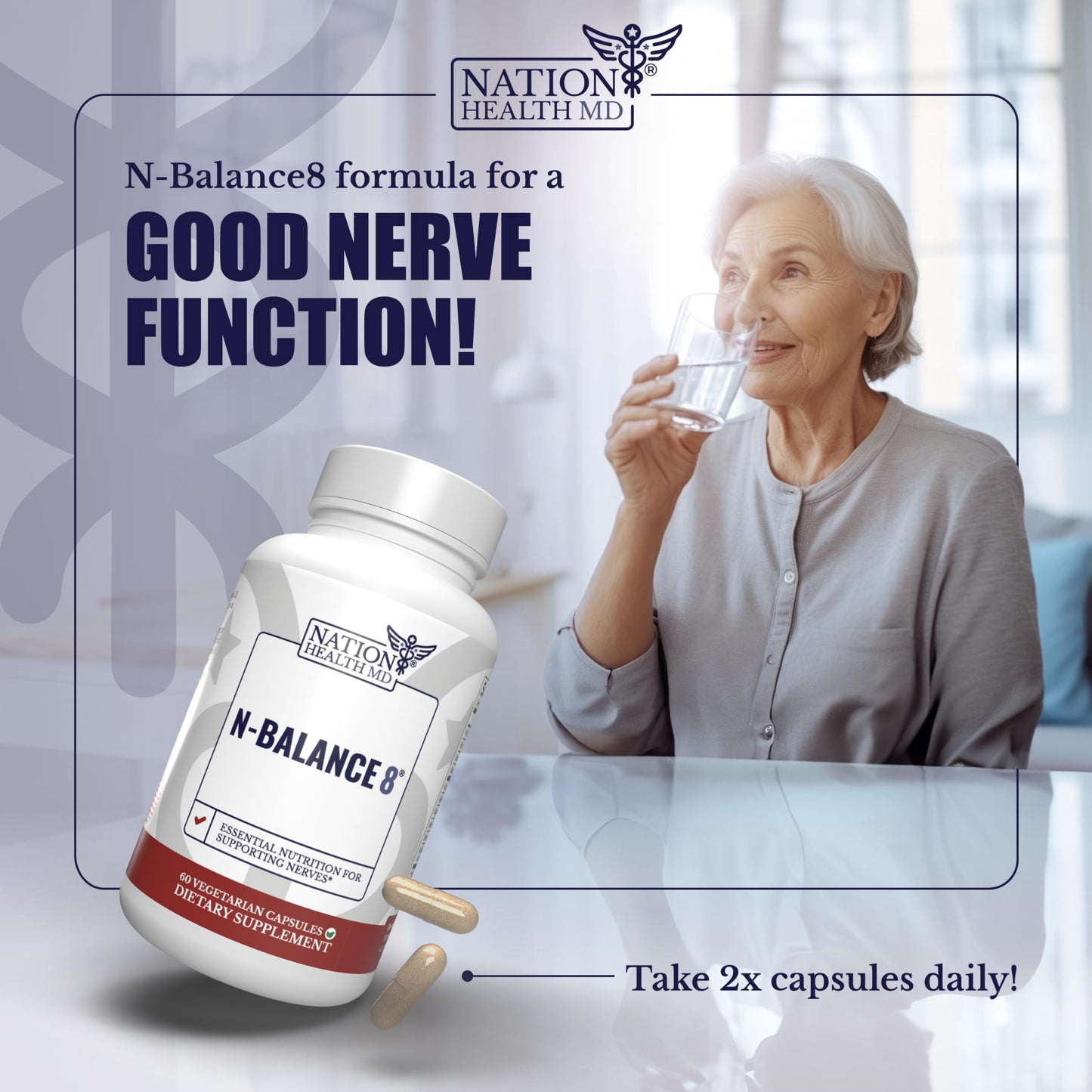 NATION HEALTH MD N-Balance 8 Nerve Support Supplement ALA & R-ALA 120 Capsules