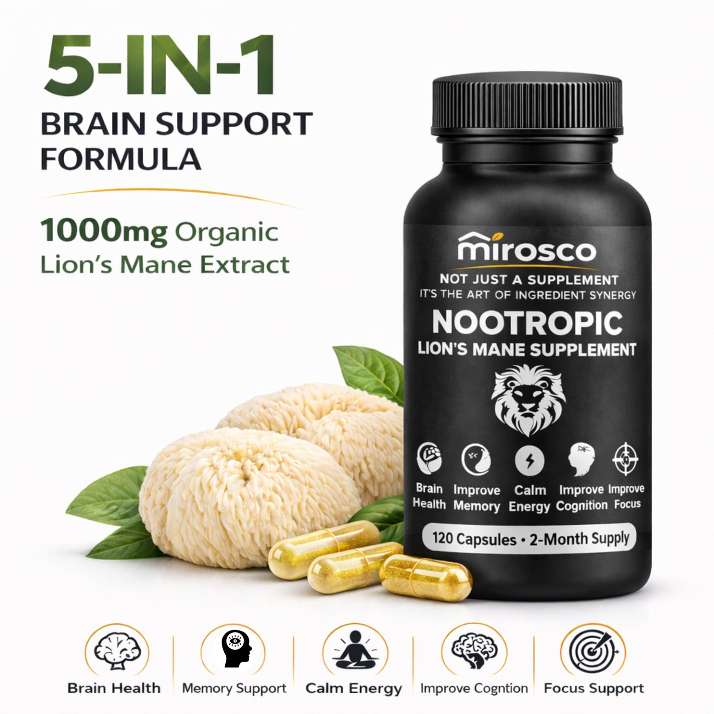 Mirosco Organic Lions Mane Supplements with Mushroom Extract, Rhodiola Bacopa & L-Theanine, 90 Capsules
