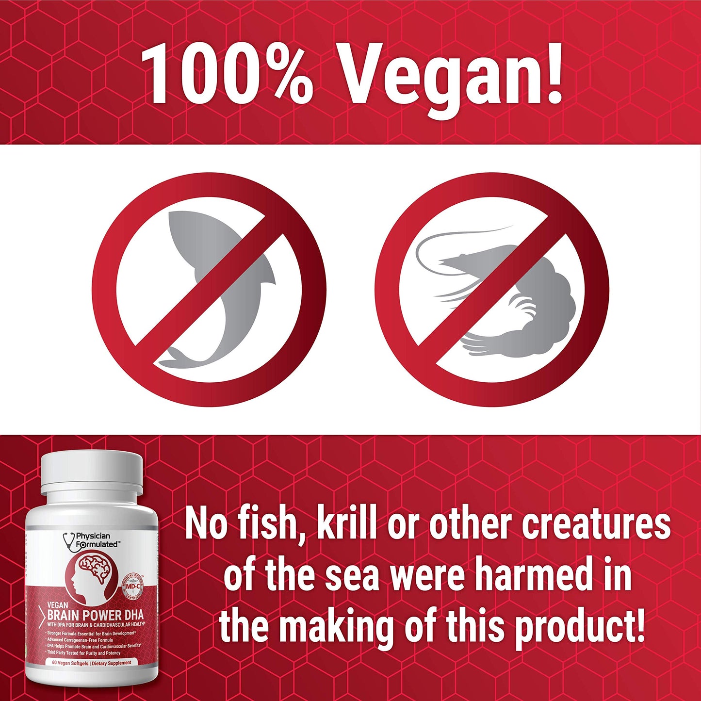 Physician Formulated Vegan DHA for Brain and Prenatal 100% Algae Based Omega 3 Essential Fatty Acids Softgel 60 Softgels