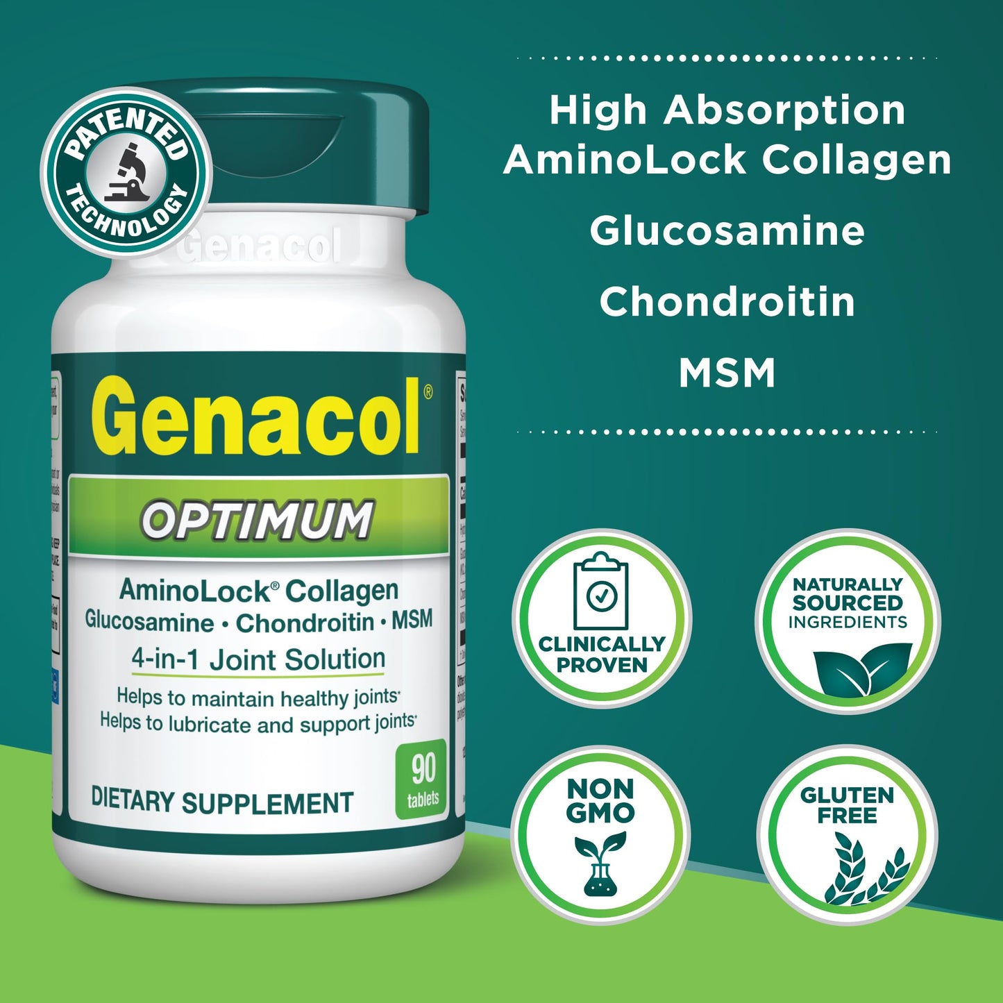 Genacol Optimum Glucosamine, Chondroitin, MSM and Ultra-Hydrolyzed Collagen Joint Supplement Tablets, 90 Count
