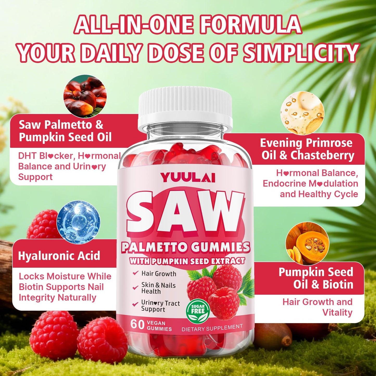 YUULAI Saw Palmetto Gummies for Women and Men, Organic Saw Palmetto with Pumpkin Seed Oil, Sugar Free Raspberry Flavor, 60 Gummies