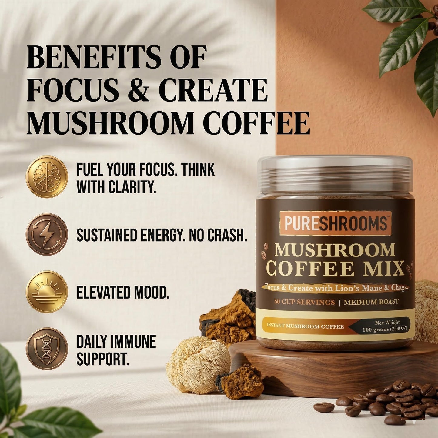 PureShrooms Focus & Create Organic Instant Mushroom Coffee with Lion's Mane & Chaga – Nootropic Brain & Immune Support, Powder, 50 Servings