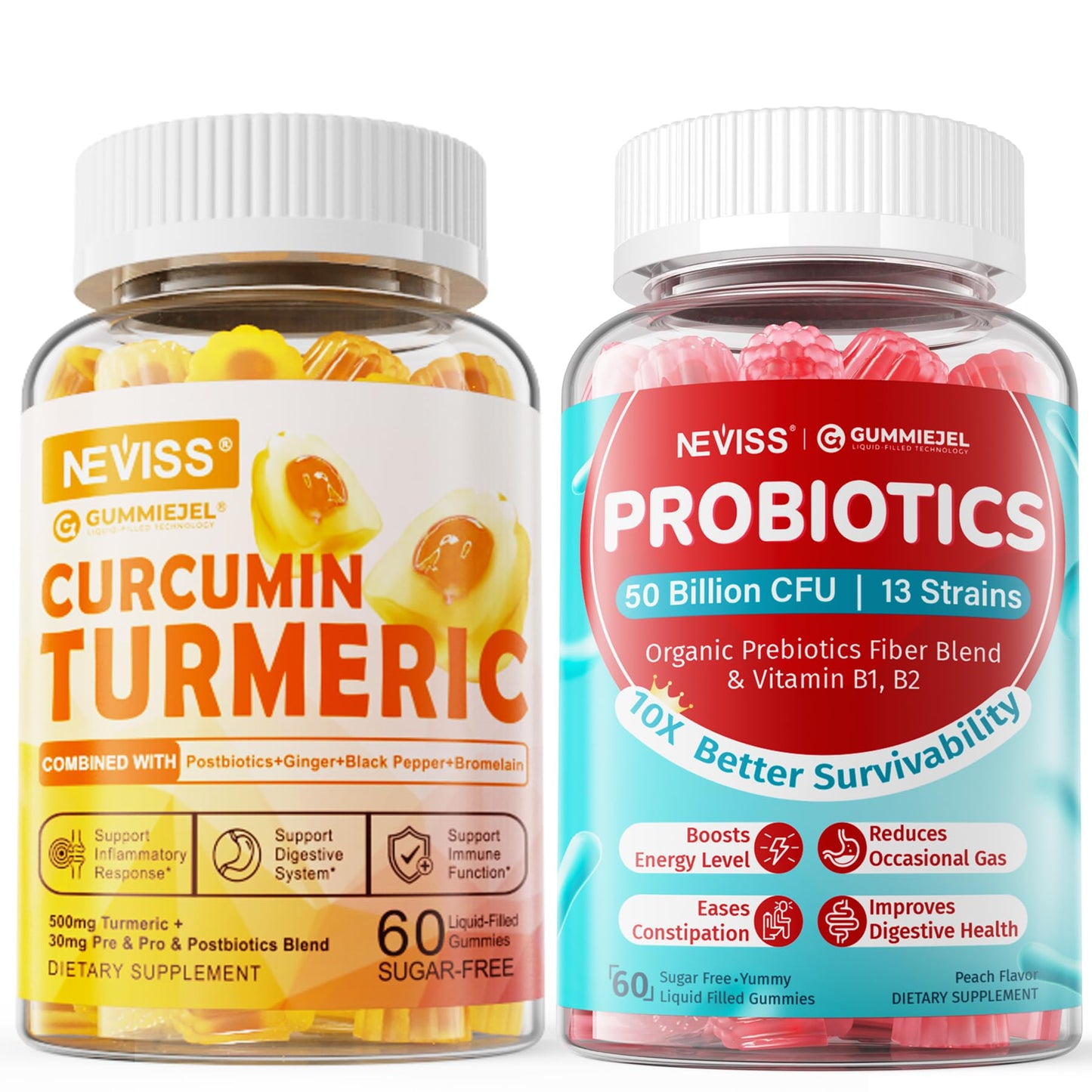 NEVISS Sugar Free Turmeric Curcumin Filled Gummies + Sugar Free Probiotics Gummies, 120 Gummies