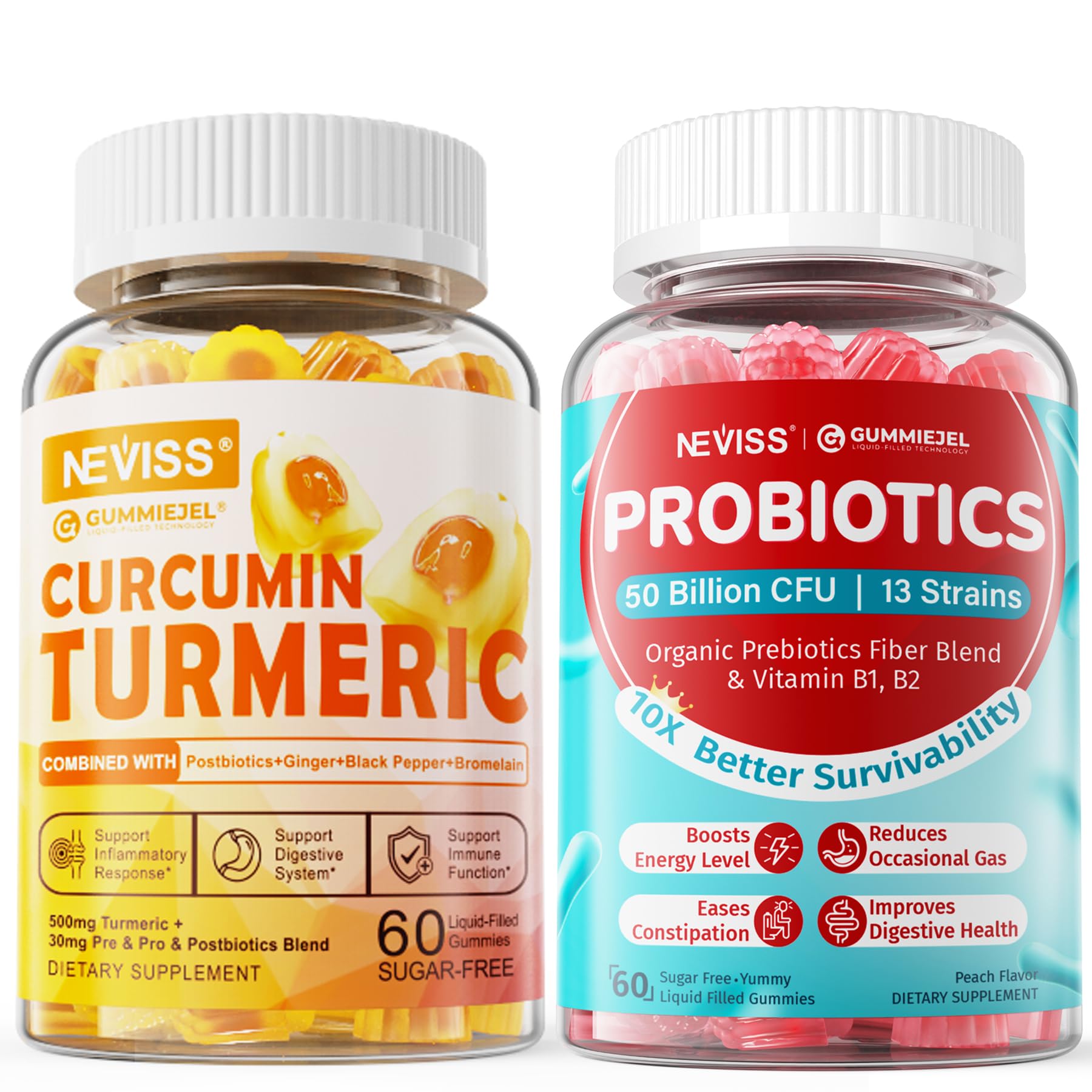 NEVISS Sugar Free Turmeric Curcumin Filled Gummies + Sugar Free Probiotics Gummies, 120 Gummies