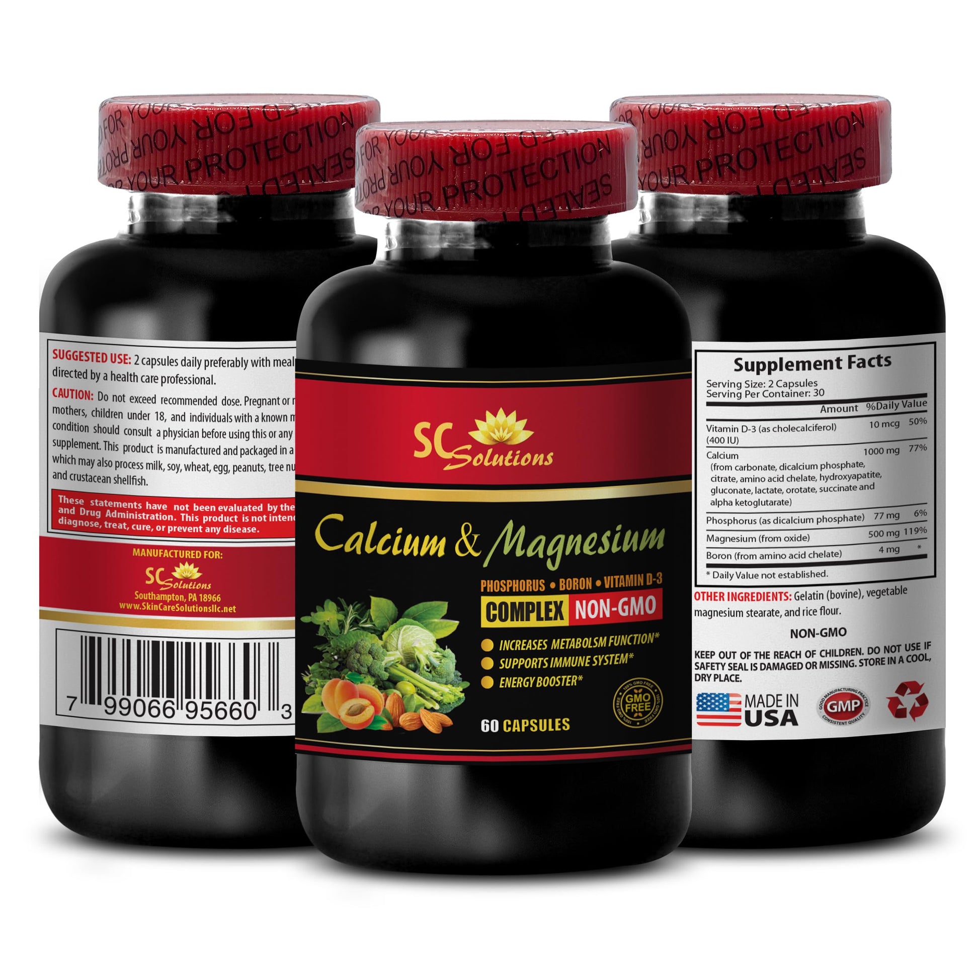 SKIN CARE SOLUTIONS Calcium Magnesium Zinc with Vitamin D3 and Boron Capsules, 60 Count