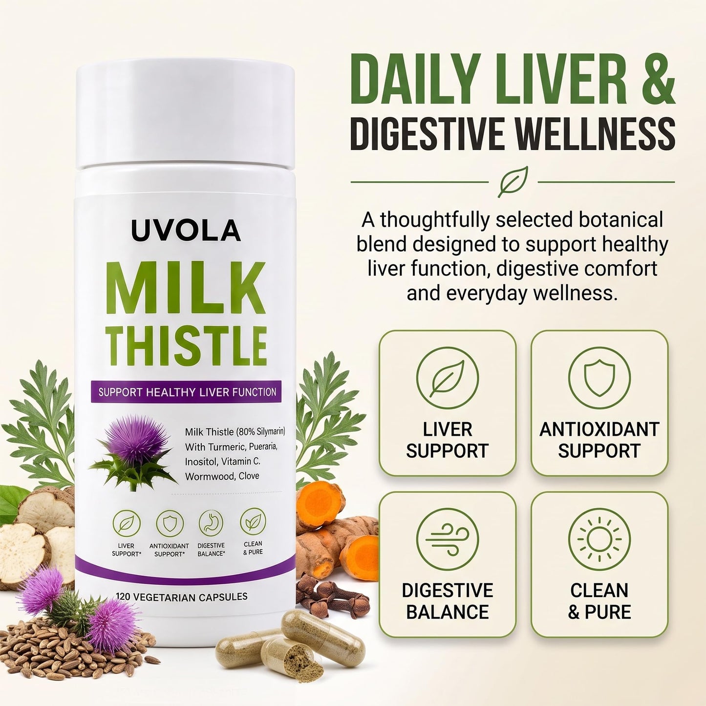 Uvola Milk Thistle Liver Support Supplement Capsule 120 Count